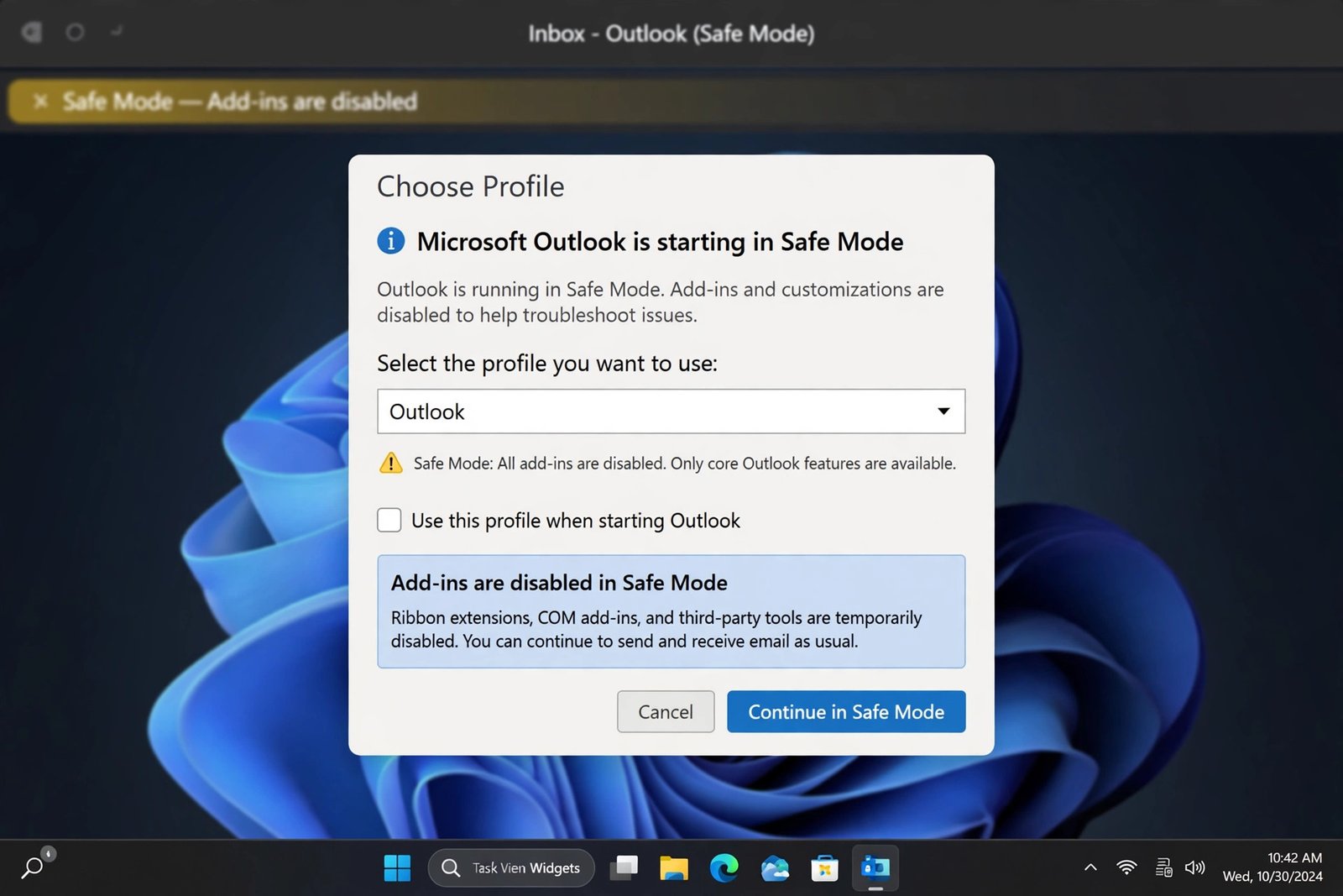 Outlook emails stuck in outbox: Outlook starting in safe mode to fix sending problems
