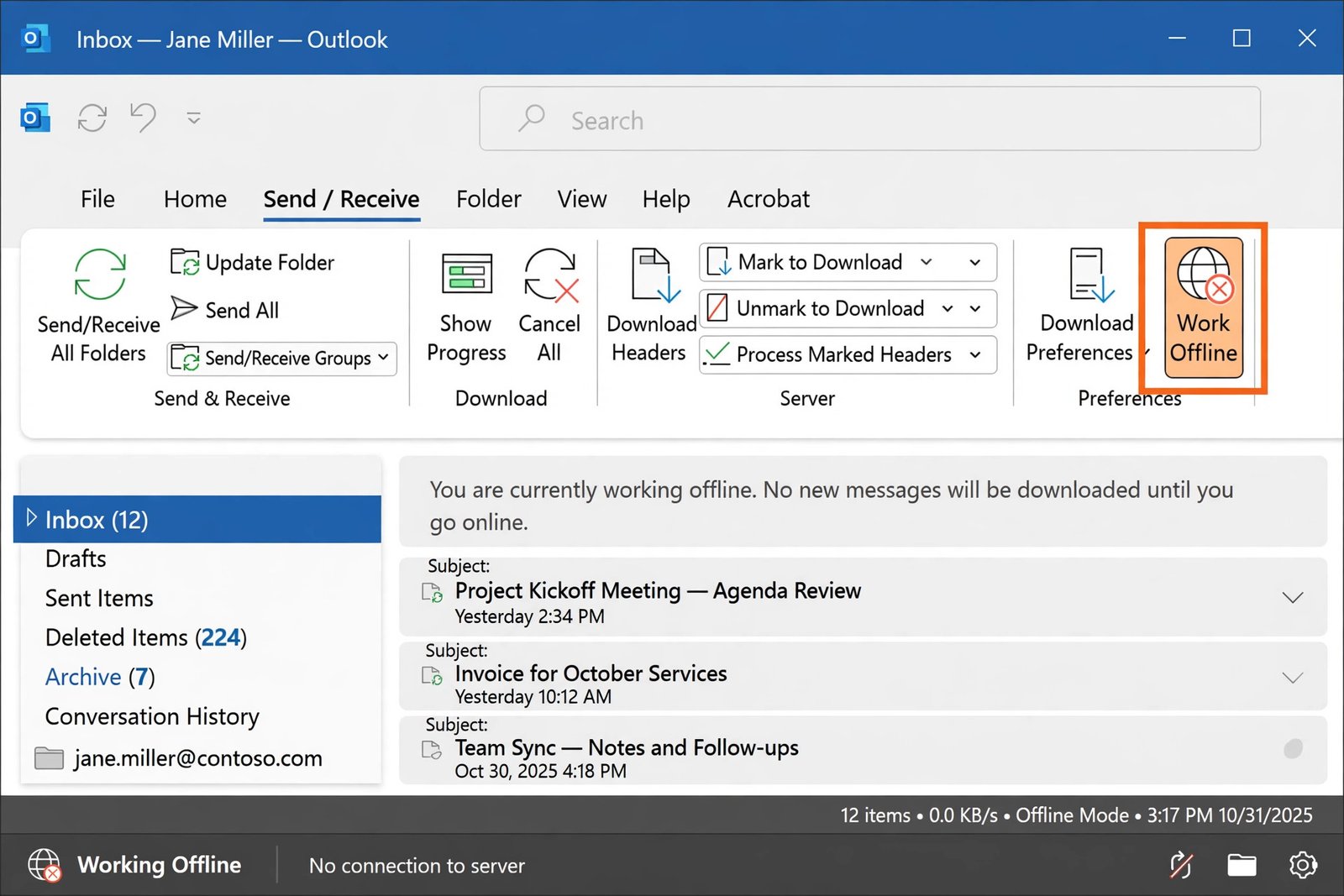 Outlook emails stuck in outbox: Work Offline toggle button highlighted in Outlook ribbon