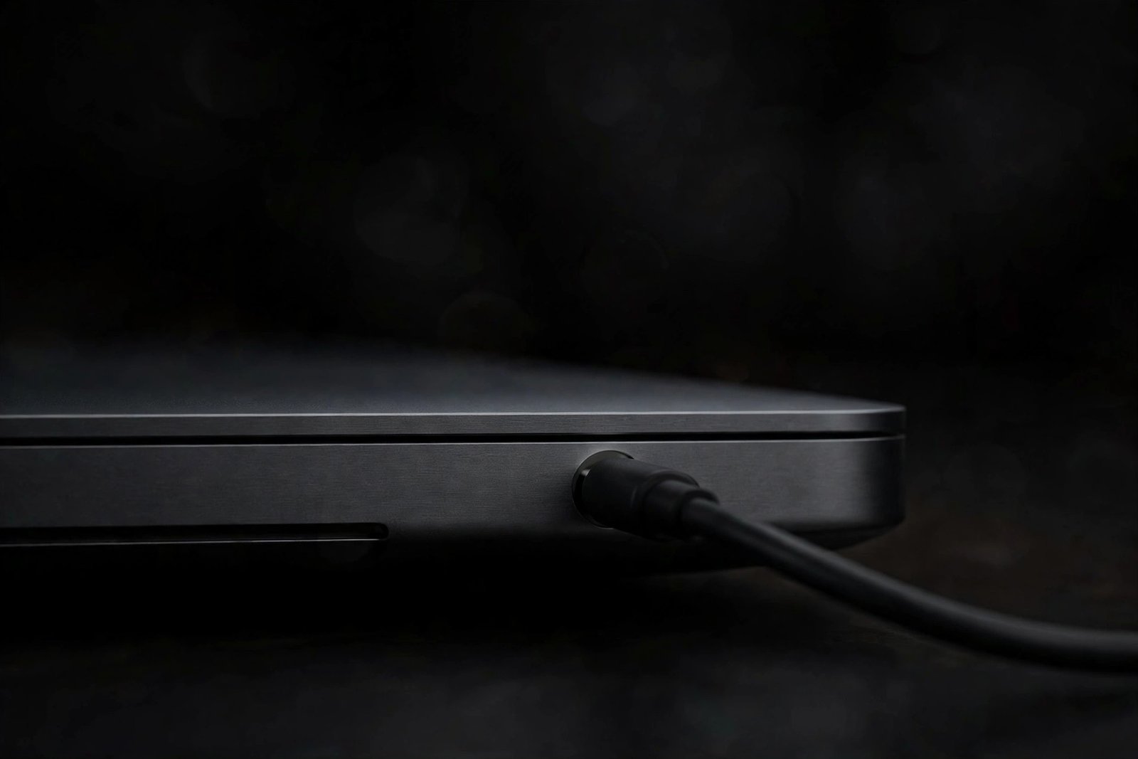 Close-up of a laptop charging port with the cable plugged in