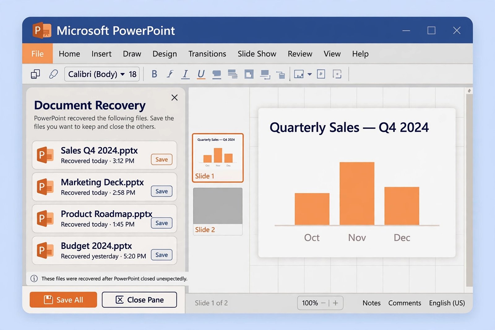 powerpoint presentation not opening — PowerPoint document recovery pane showing a list of recovered presentation files
