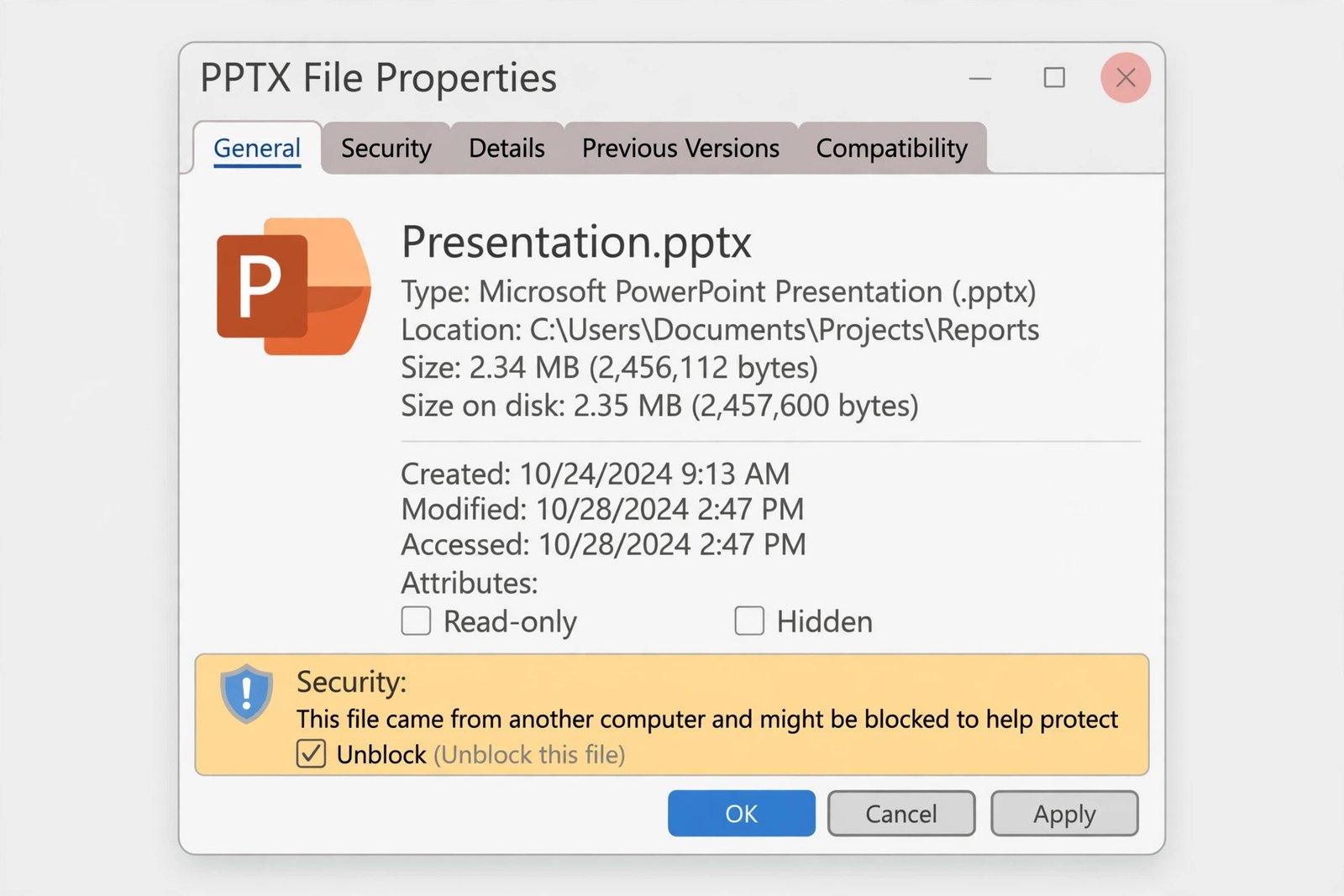 powerpoint presentation not opening — Windows file properties window showing the Unblock checkbox in the Security section