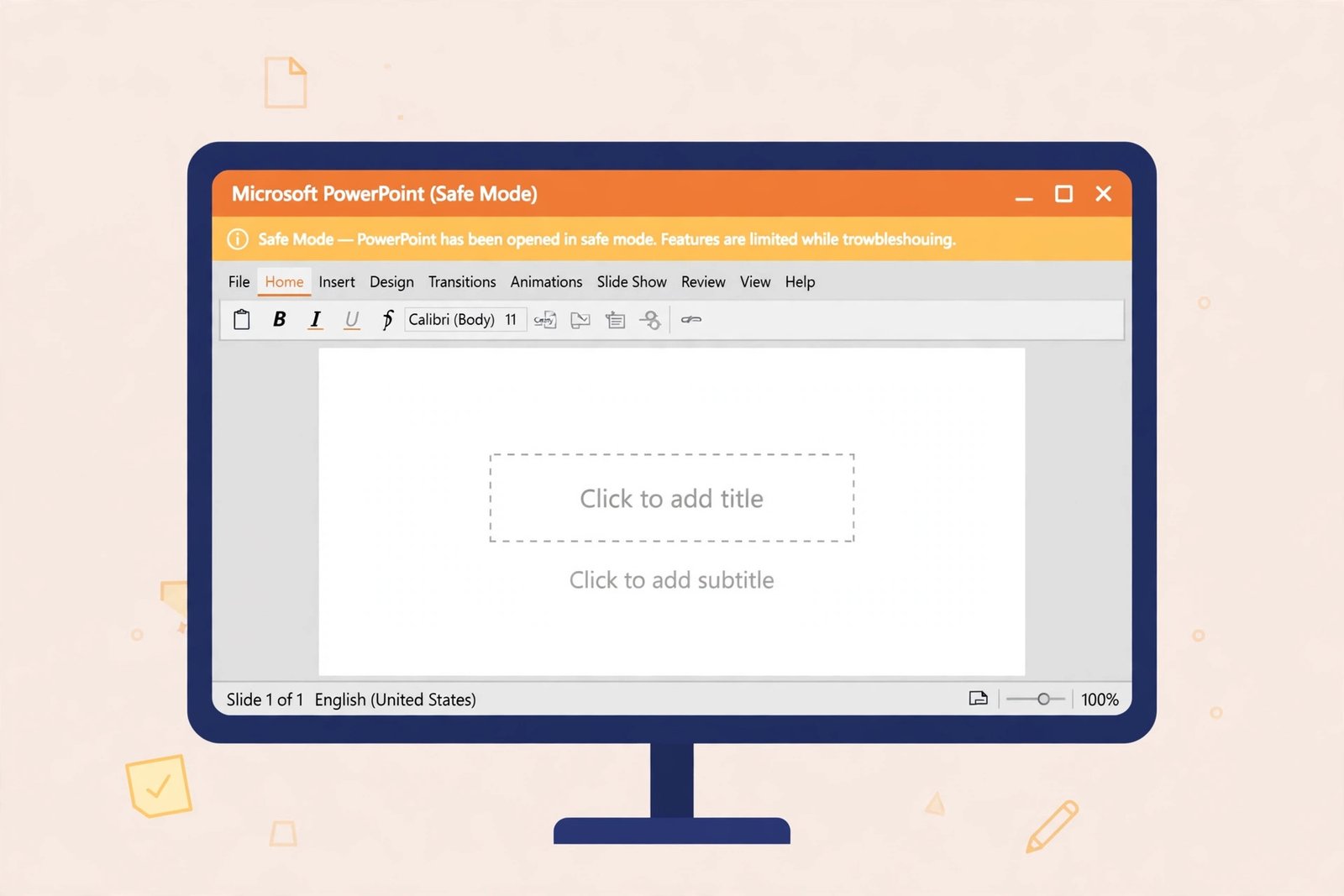 powerpoint presentation not opening — PowerPoint running in Safe Mode on a computer monitor