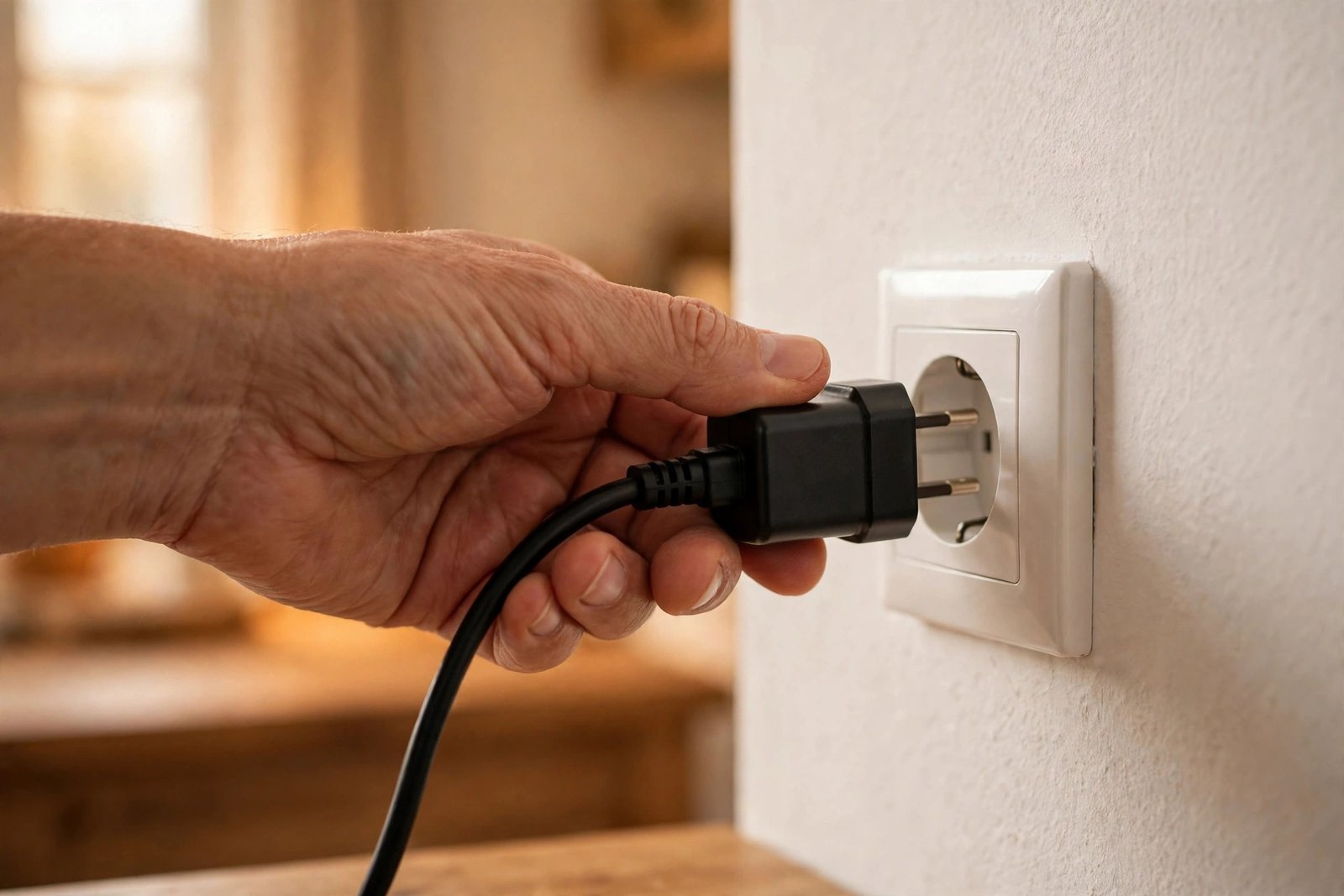 Hand plugging a laptop charger into a wall socket