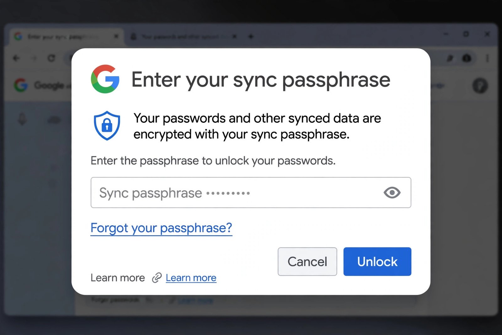 Entering the sync passphrase to recover data after chrome saved passwords disappeared