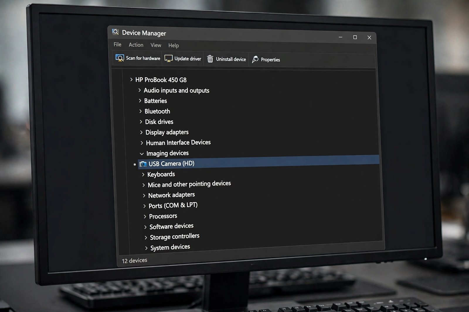 Device Manager imaging devices view for fixing windows 11 camera app not working drivers