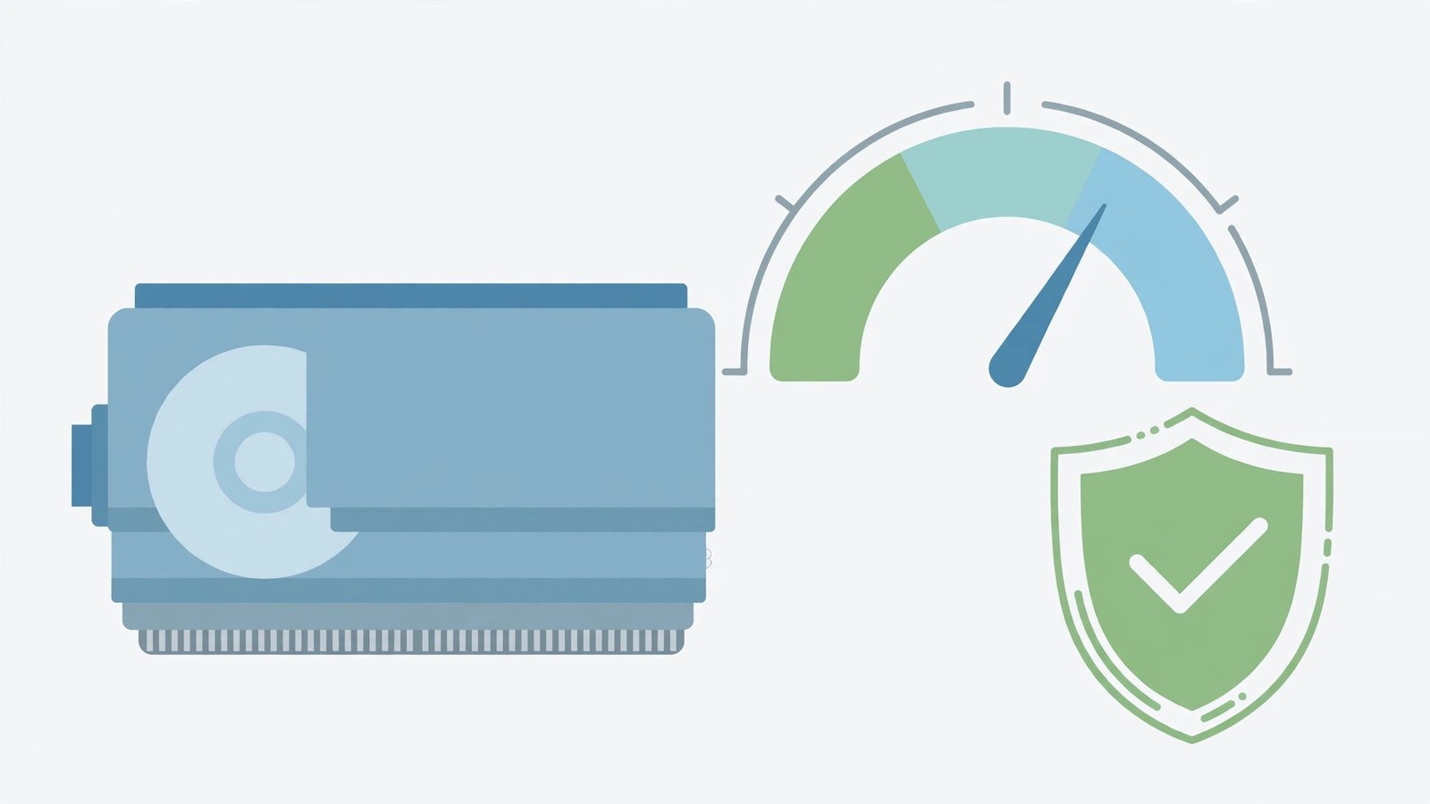 A hard drive with a health gauge and checkmark shield — windows 11 external hard drive not showing fix guide