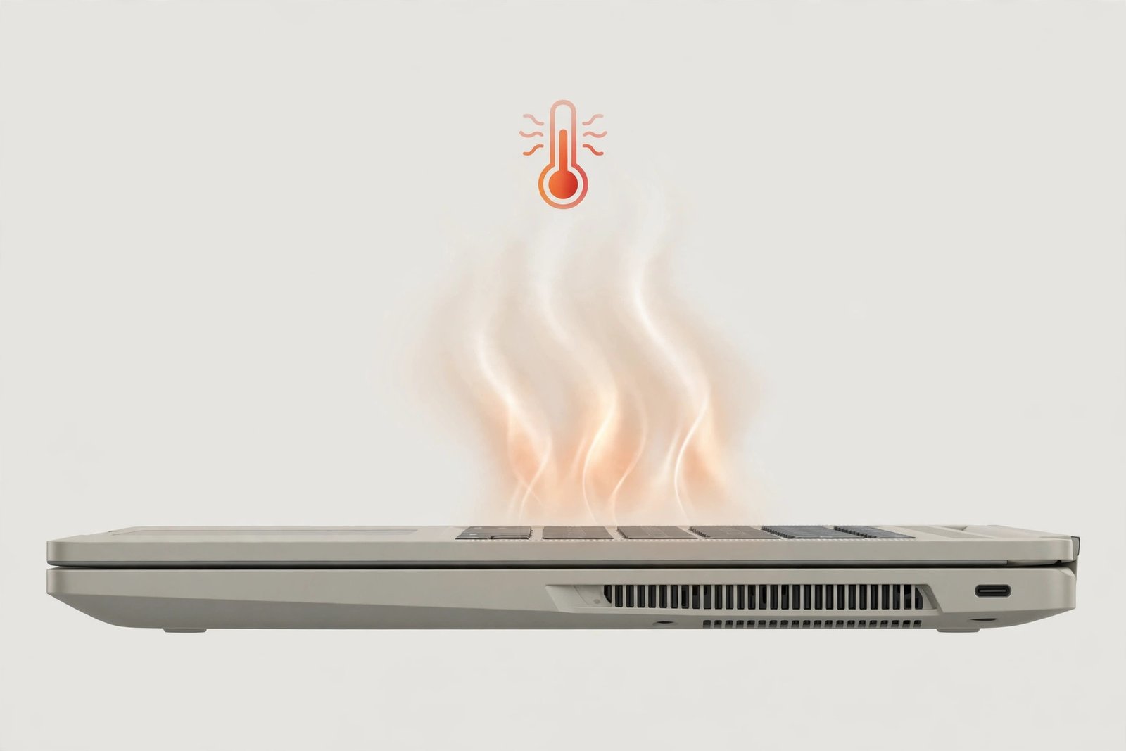 A laptop from the side with cooling vents and heat waves rising, with a small thermometer icon — stop windows 11 keeps freezing randomly by fixing overheating