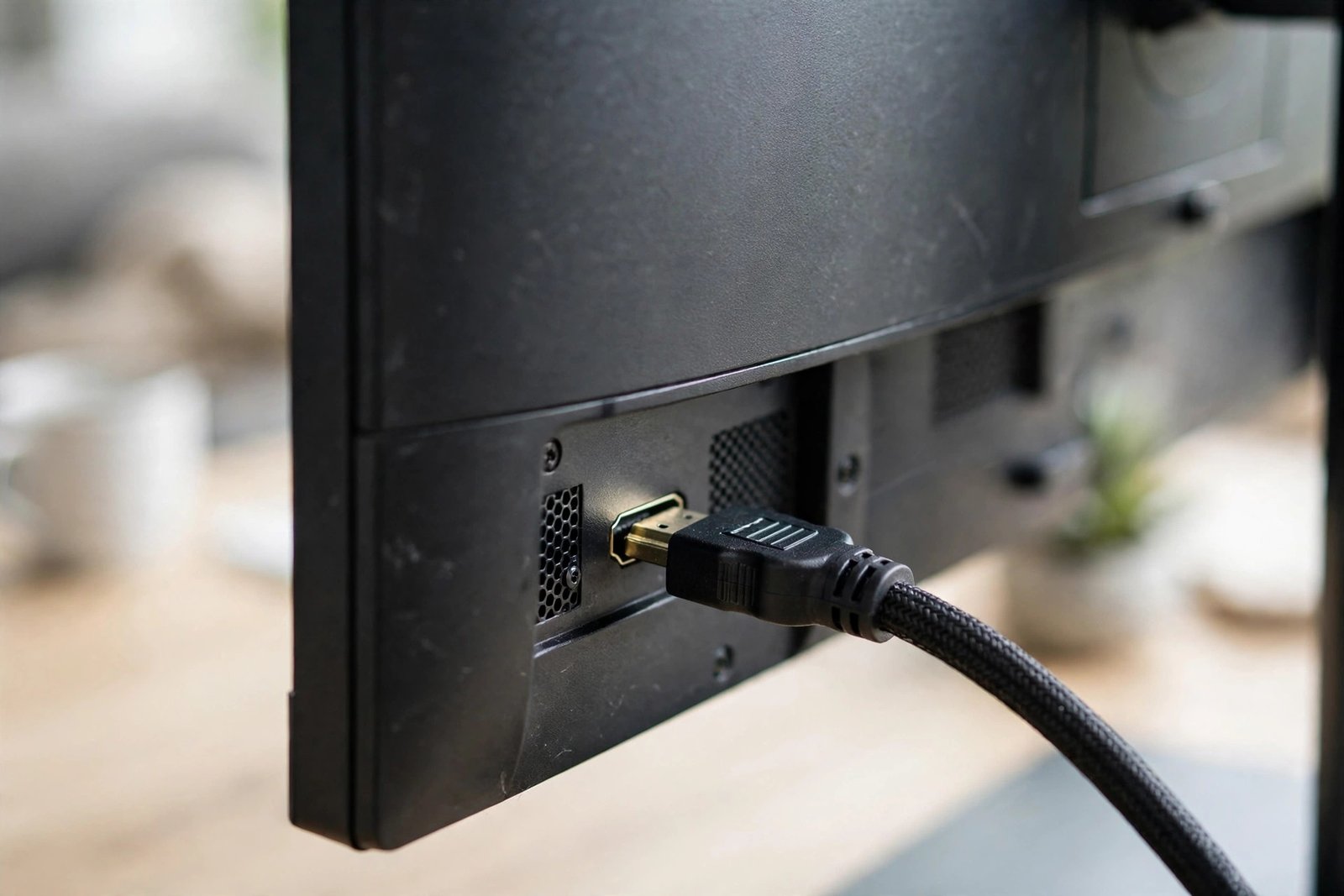 Close-up of an HDMI cable firmly connected to a monitor showing how to fix windows 11 screen flickering caused by loose cables