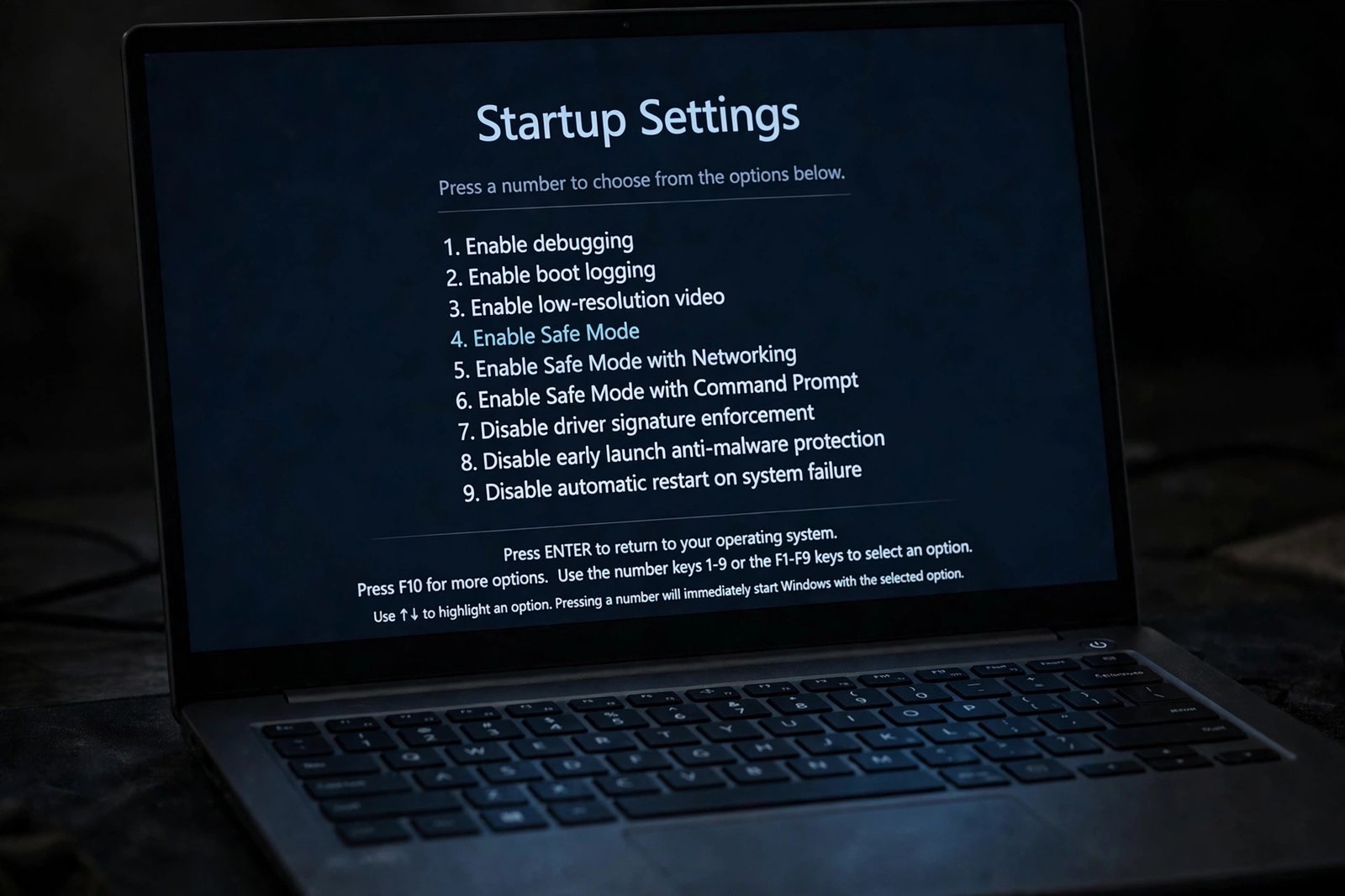 Windows Startup Settings boot options screen on a laptop showing the numbered list including Safe Mode — test windows 11 keeps freezing randomly in Safe Mode