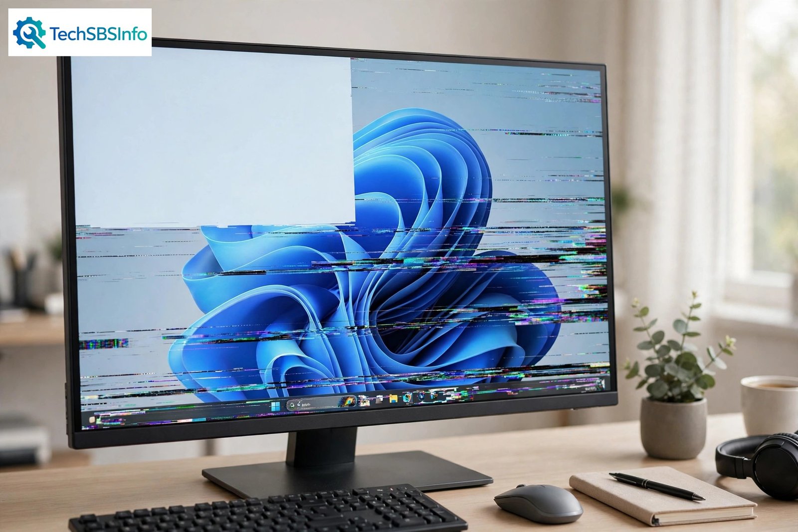 Computer monitor showing windows 11 screen flickering with distortion lines across the desktop