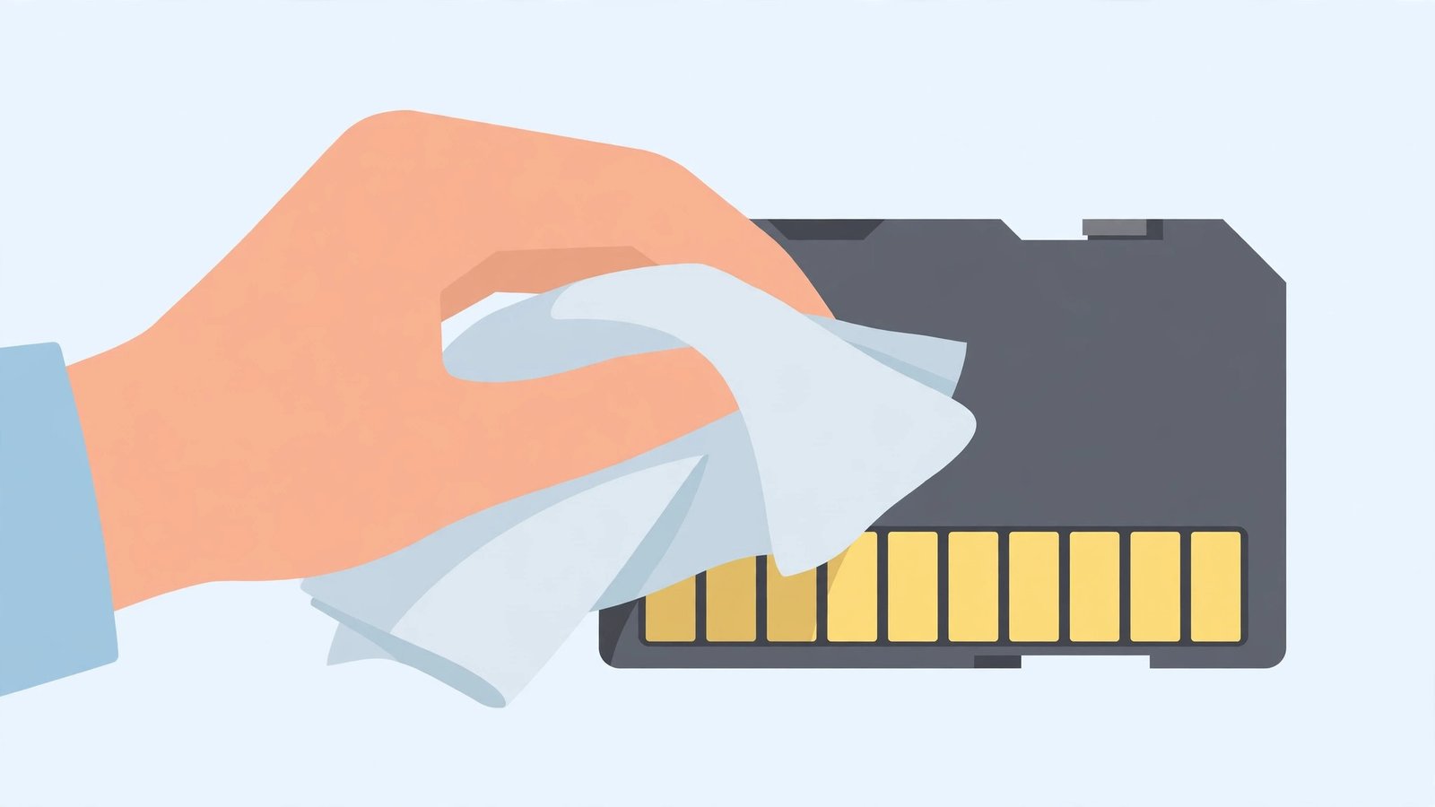 Cleaning the gold contacts of an SD card with a soft cloth — windows 11 sd card not detected fix guide