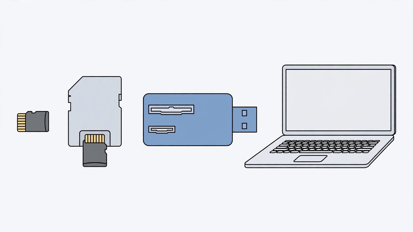 SD card adapters and a USB card reader beside a laptop — windows 11 sd card not detected fix guide