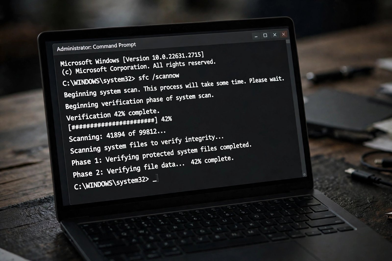 A dark Command Prompt window on a laptop running a system file verification scan with a progress percentage — repair windows 11 keeps freezing randomly with sfc scannow