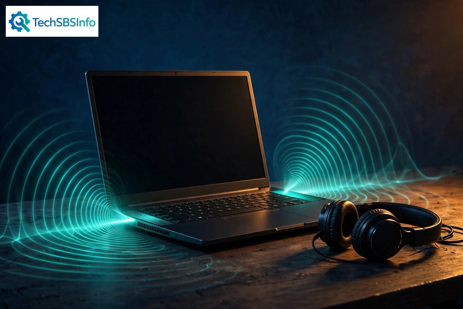 Laptop with glowing sound waves and headphones — troubleshooting guide for windows 11 sound not working