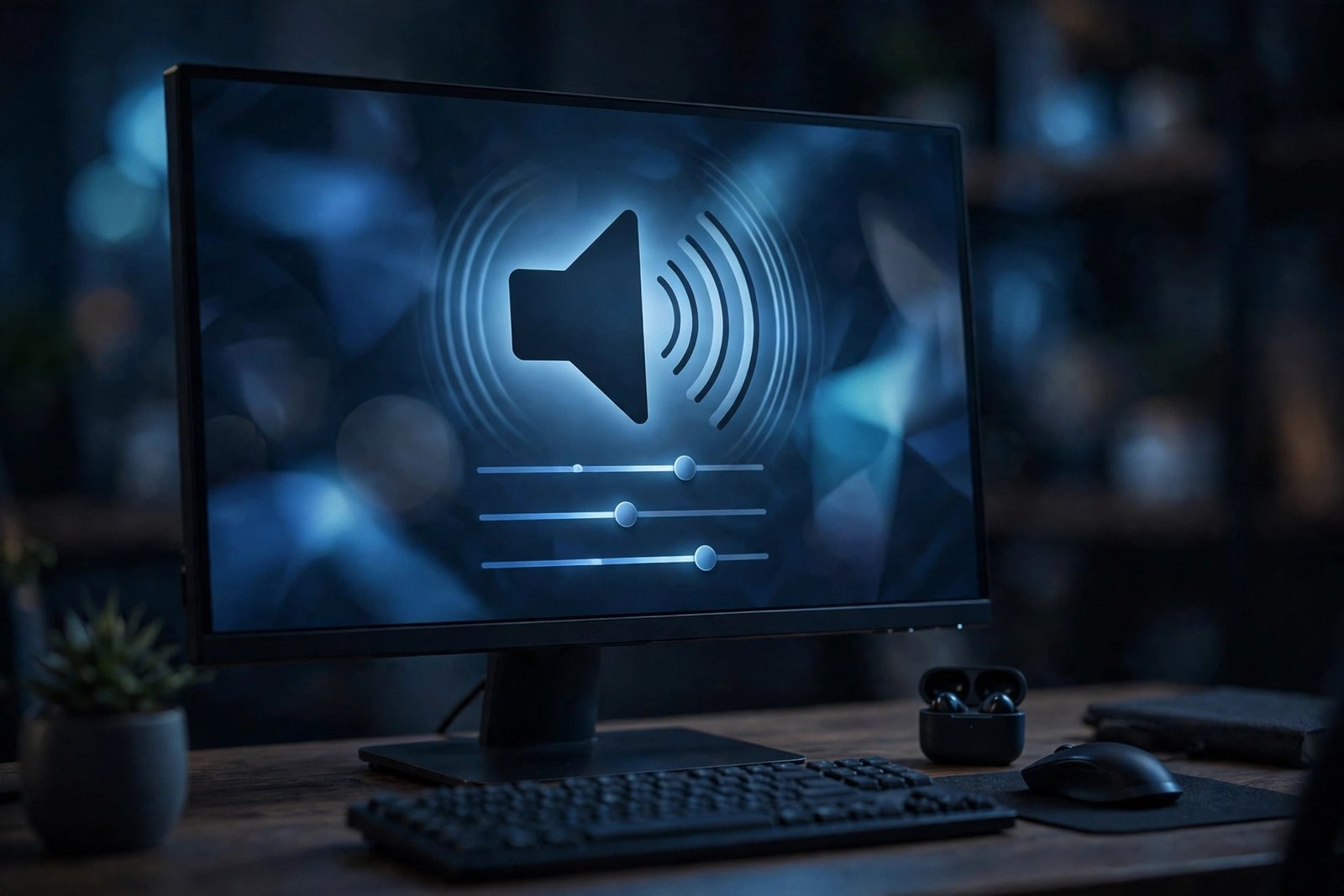 Abstract volume and speaker settings screen for troubleshooting windows 11 sound not working