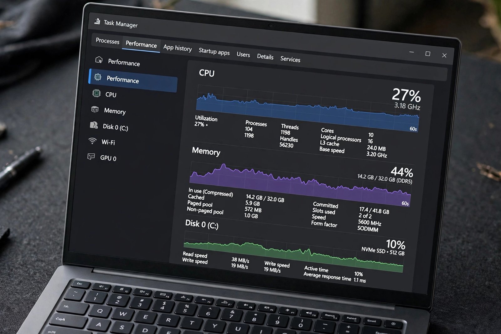Task Manager Performance tab open on a Windows 11 laptop showing CPU and memory graphs — diagnose windows 11 keeps freezing randomly with Task Manager