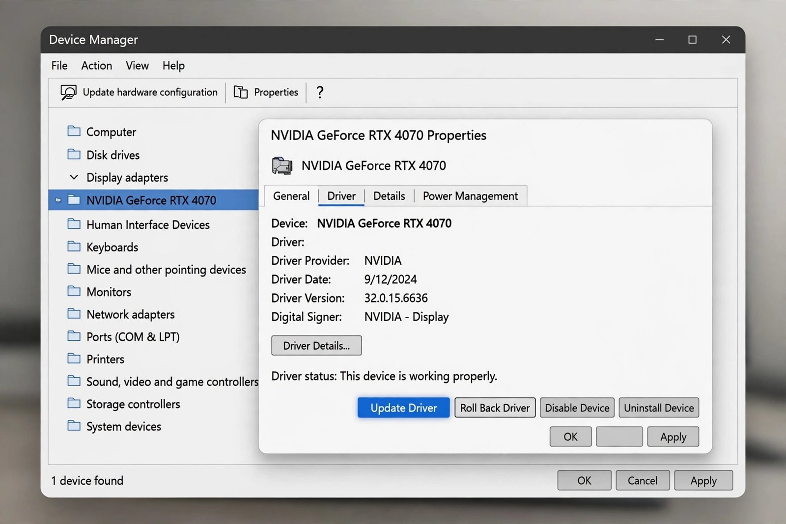 Windows Device Manager showing update display driver option to resolve windows 11 screen flickering