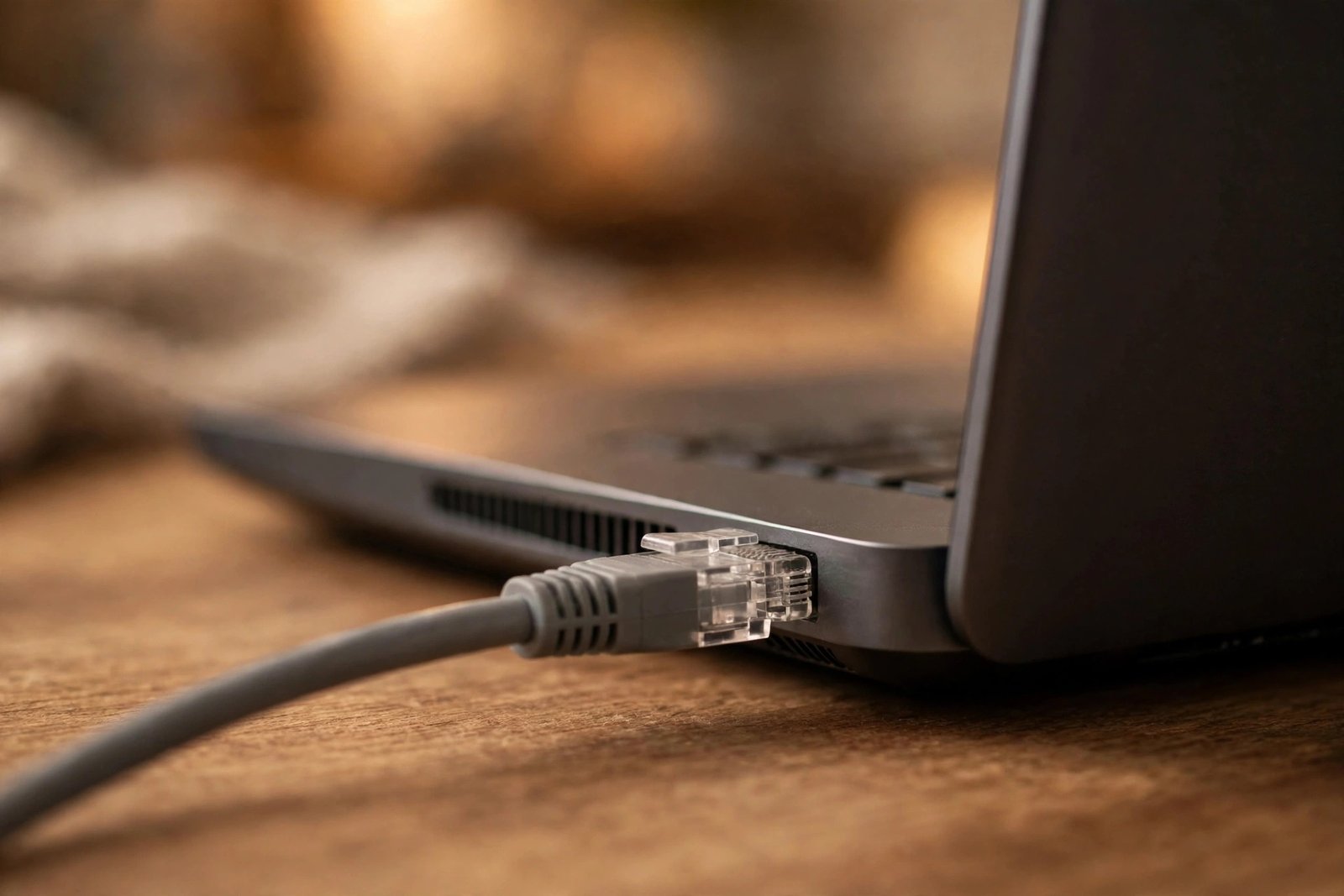 An Ethernet network cable plugged into a laptop — a wired test helps isolate the windows 11 wifi not working problem