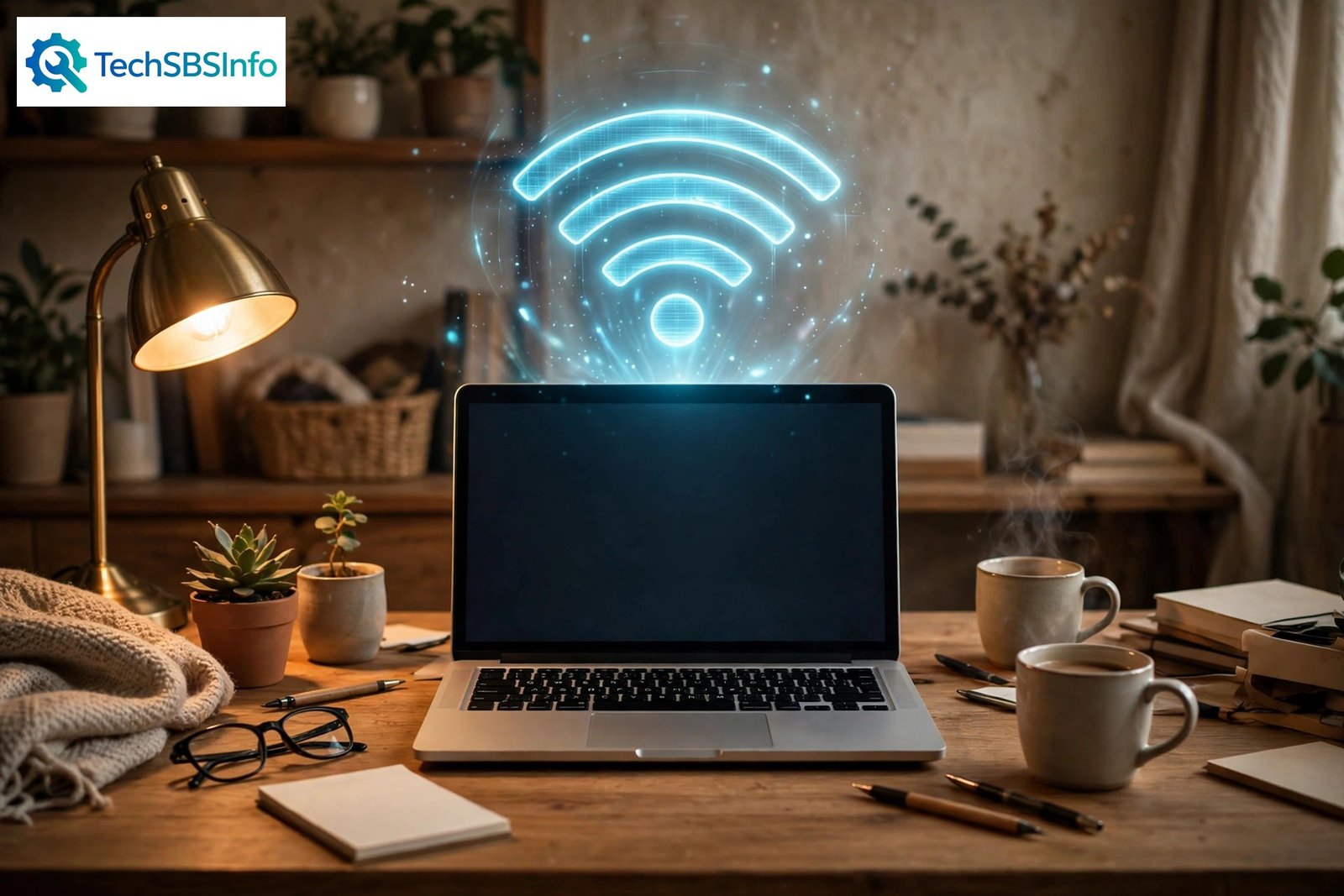 A laptop on a home-office desk with a glowing Wi-Fi signal symbol above it — fixing windows 11 wifi not working step by step