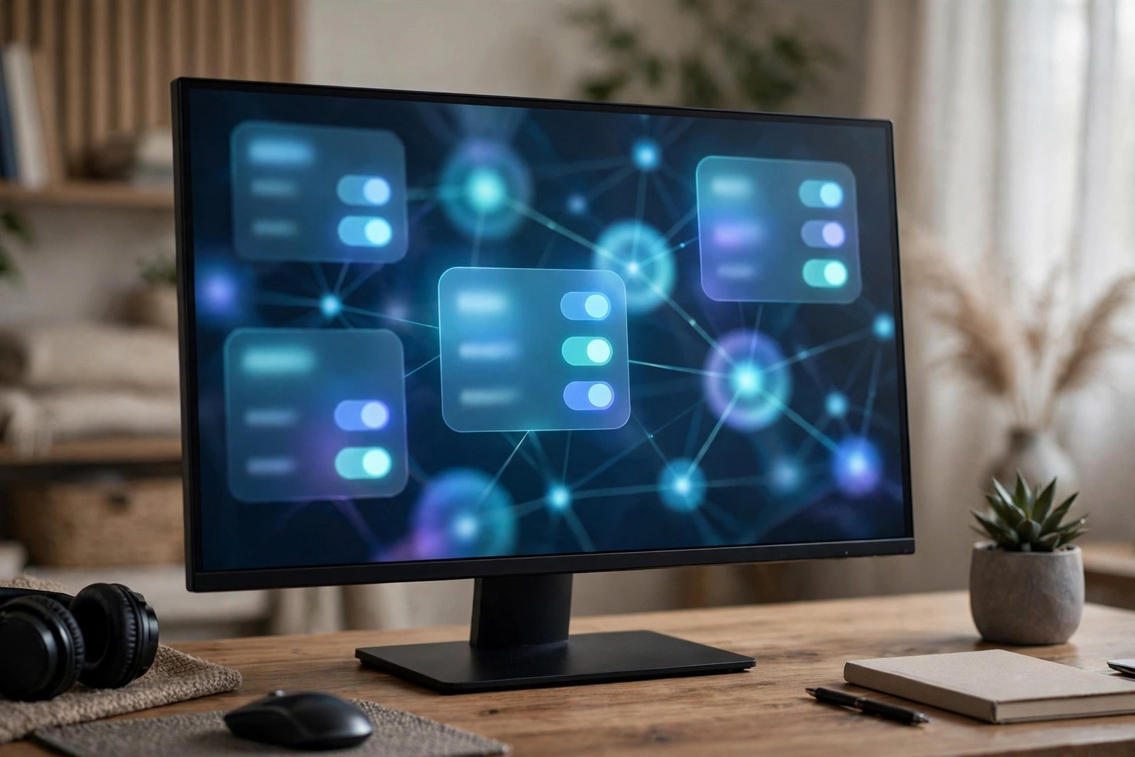 Abstract view of a network settings screen on a monitor — the built-in troubleshooter checks common problems automatically