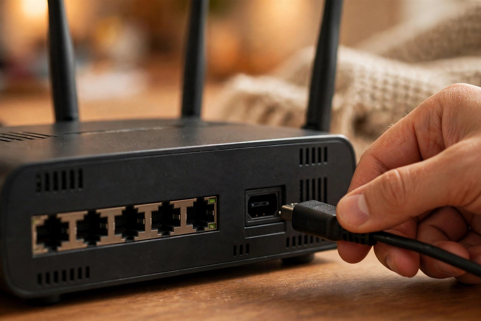 A hand unplugging a power cable from a Wi-Fi router — a simple restart often fixes windows 11 wifi not working