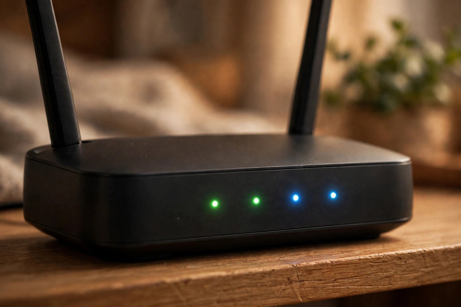 Close-up of a home Wi-Fi router with glowing status lights — check signal strength when windows 11 wifi not working