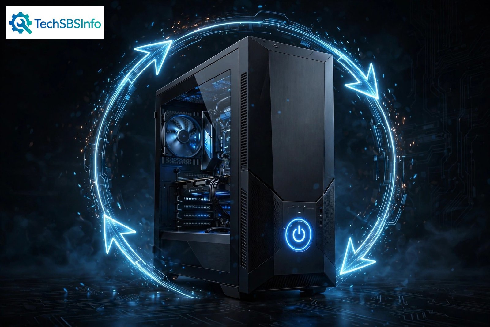 Desktop PC with glowing reboot arrows illustrating a windows pc keeps restarting problem