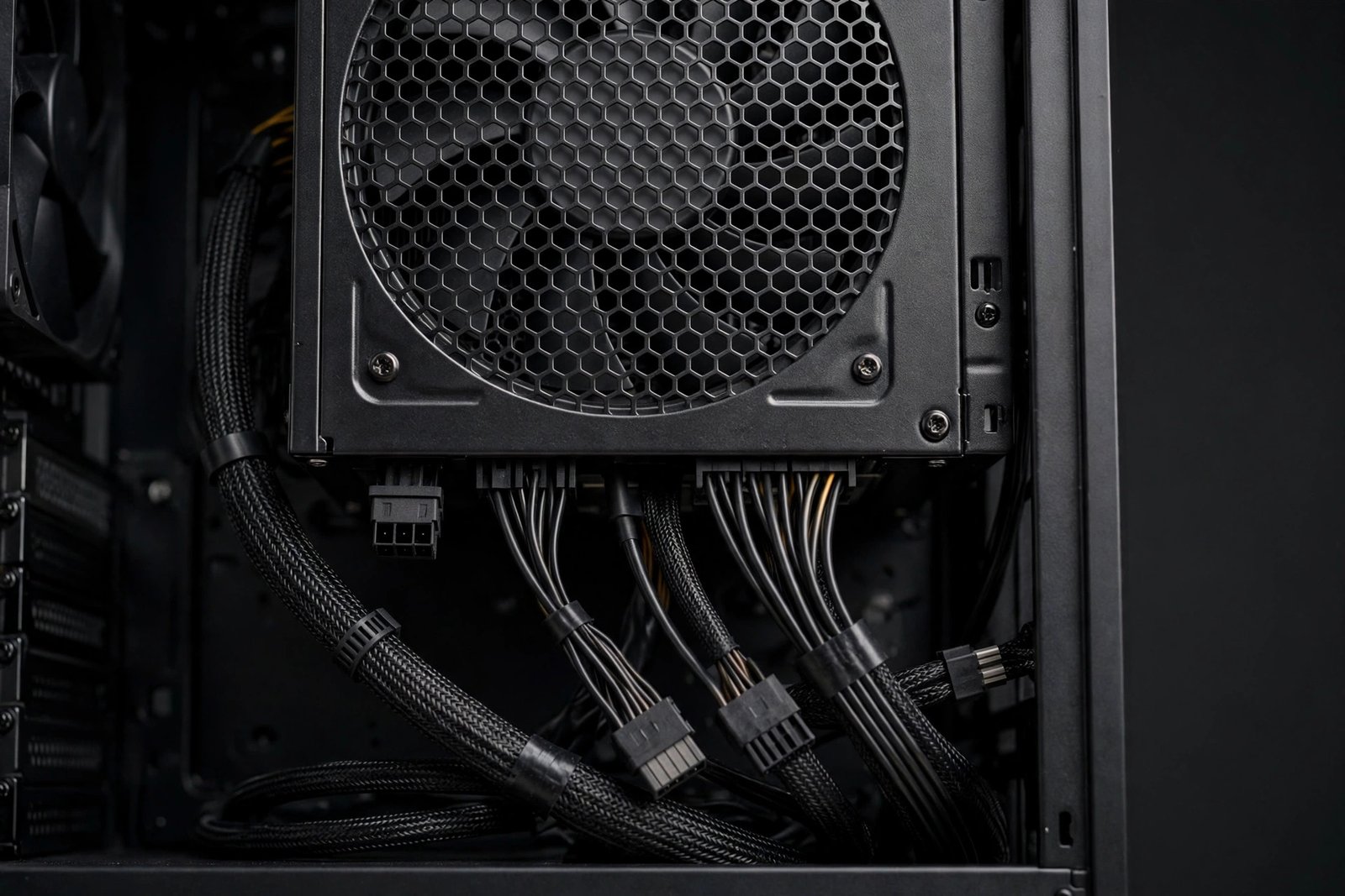 Close-up of a computer power supply unit inside a desktop PC