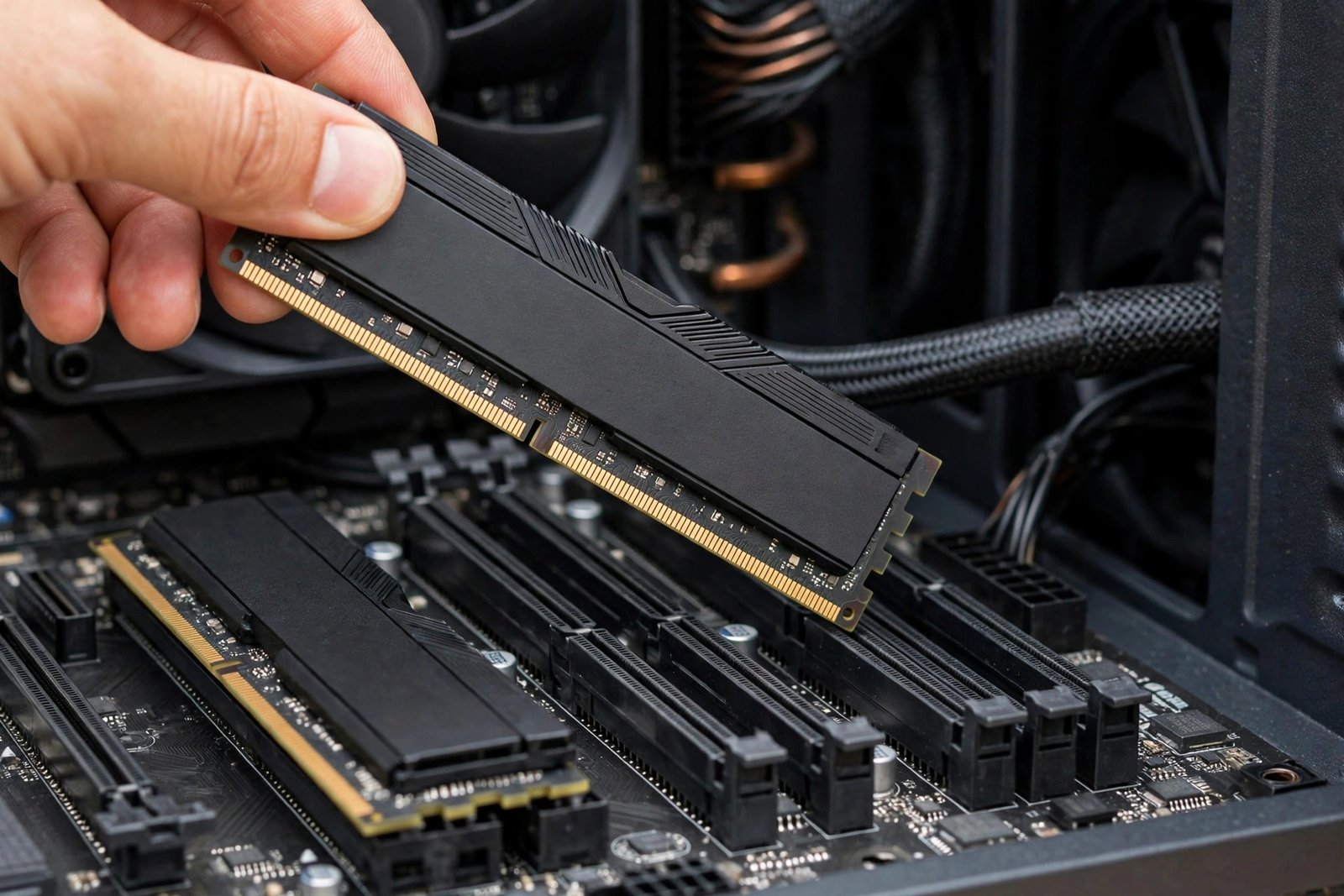 RAM memory sticks being installed into motherboard slots