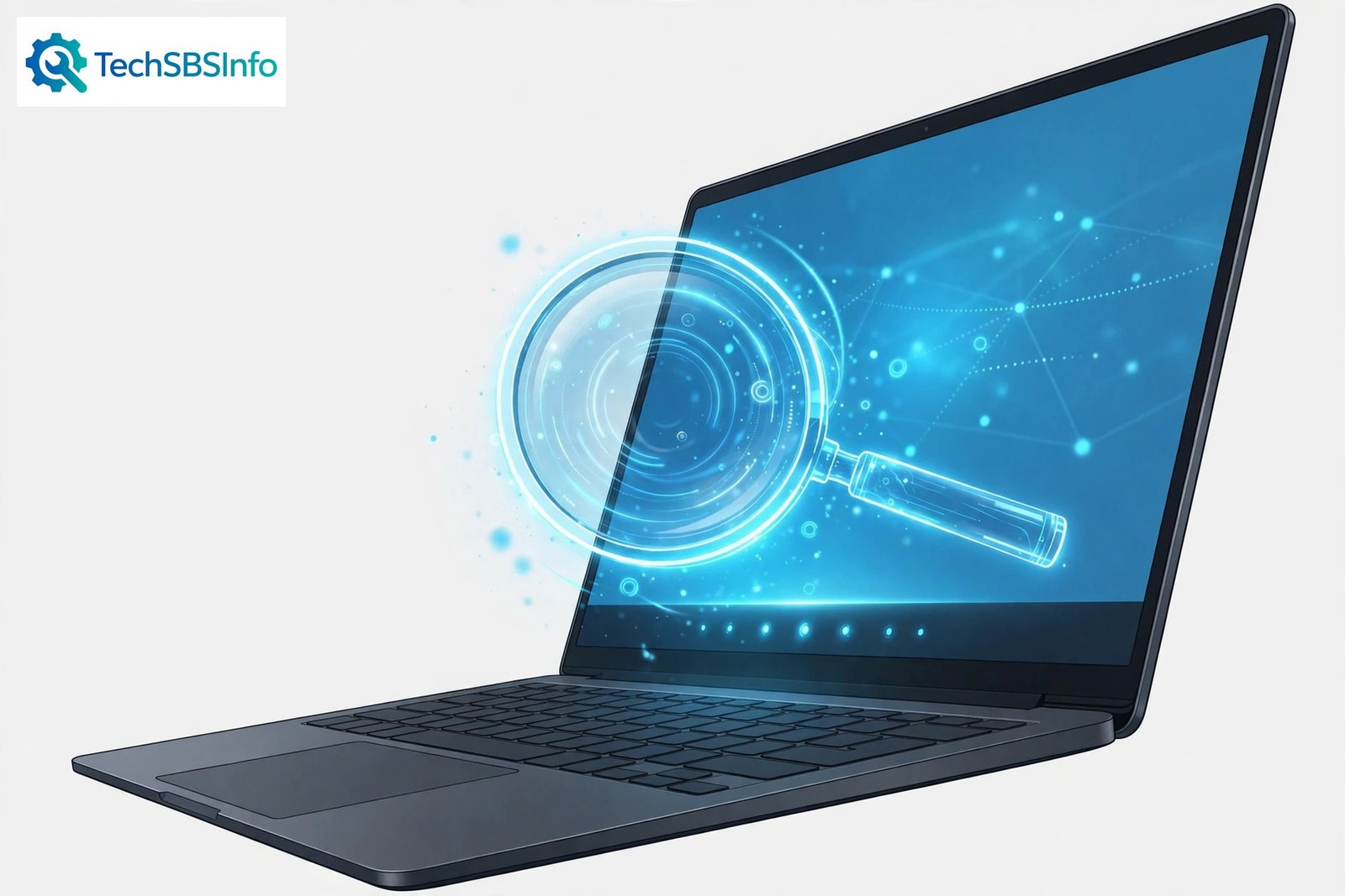 A laptop with a glowing magnifying glass over the taskbar area, illustrating a guide about windows search bar not working