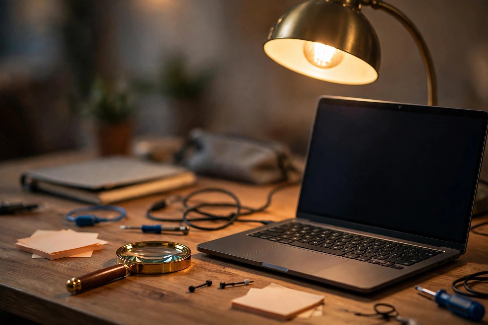 A magnifying glass on a desk next to a laptop, symbolizing diagnosing the windows search bar not working problem