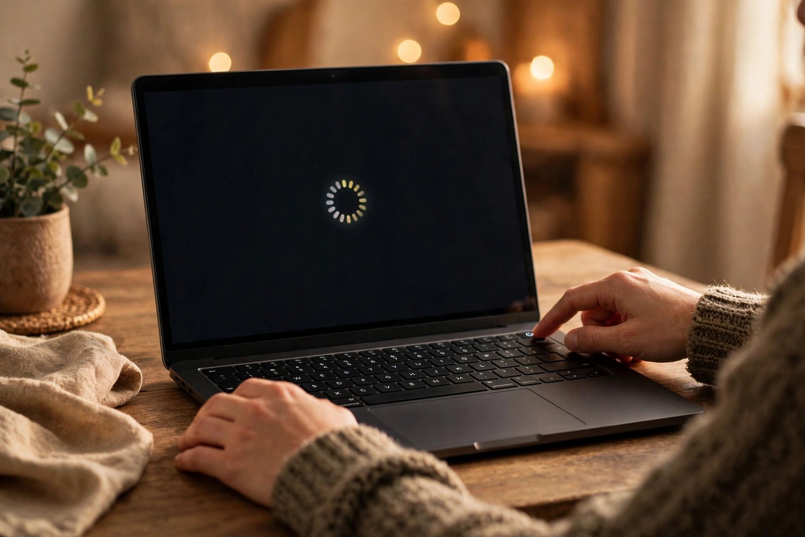 A person pressing the power button on a laptop that is restarting, a simple step when windows search bar not working