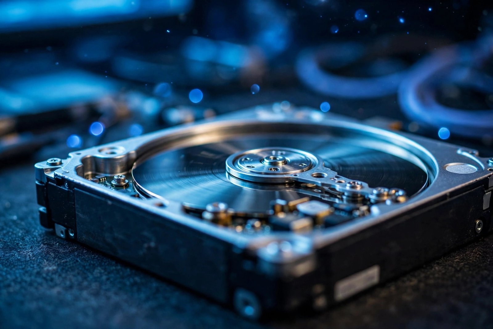 windows update stuck downloading caused by low disk space, shown with a hard drive close-up