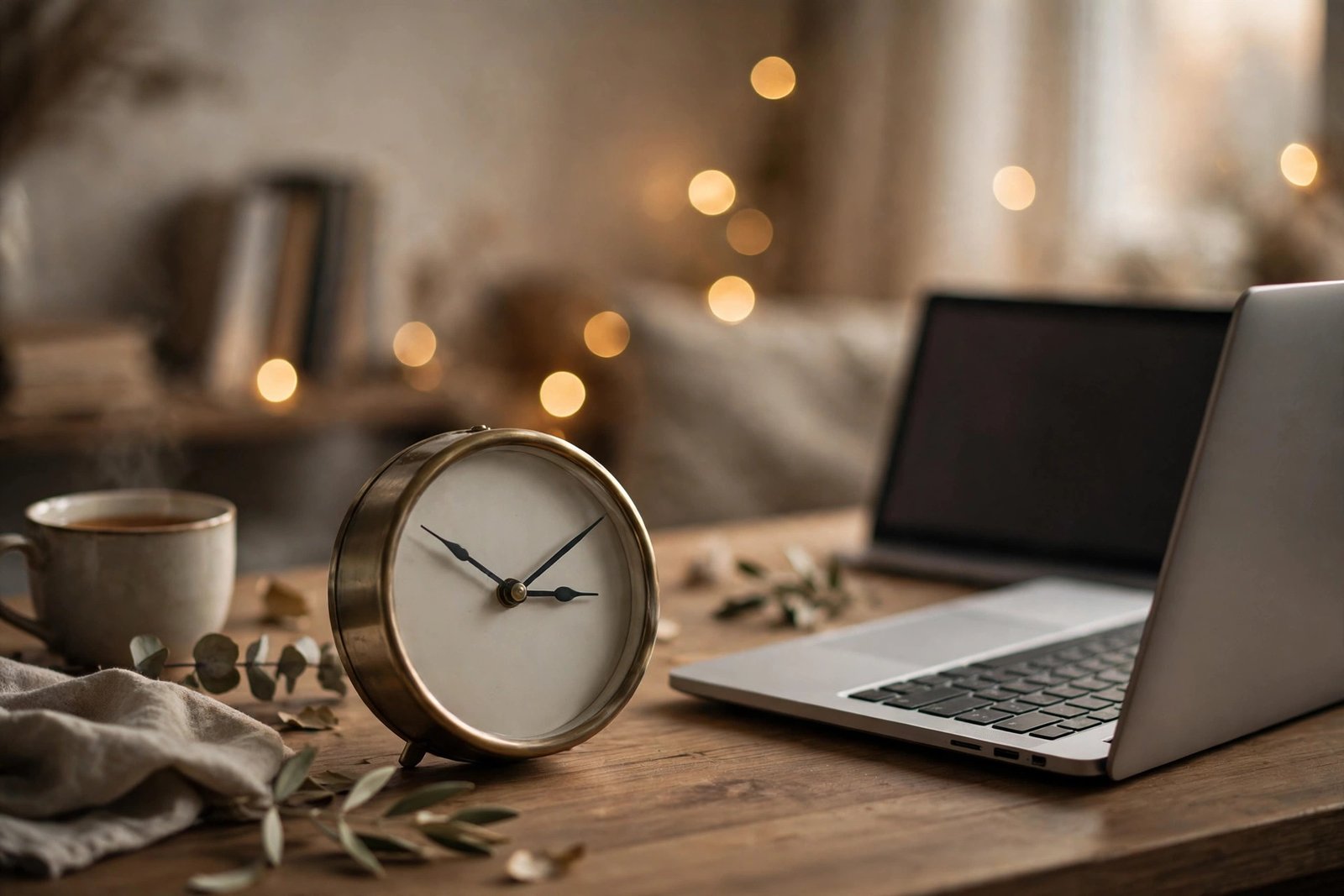 windows update stuck downloading while a clock sits on the desk next to the laptop