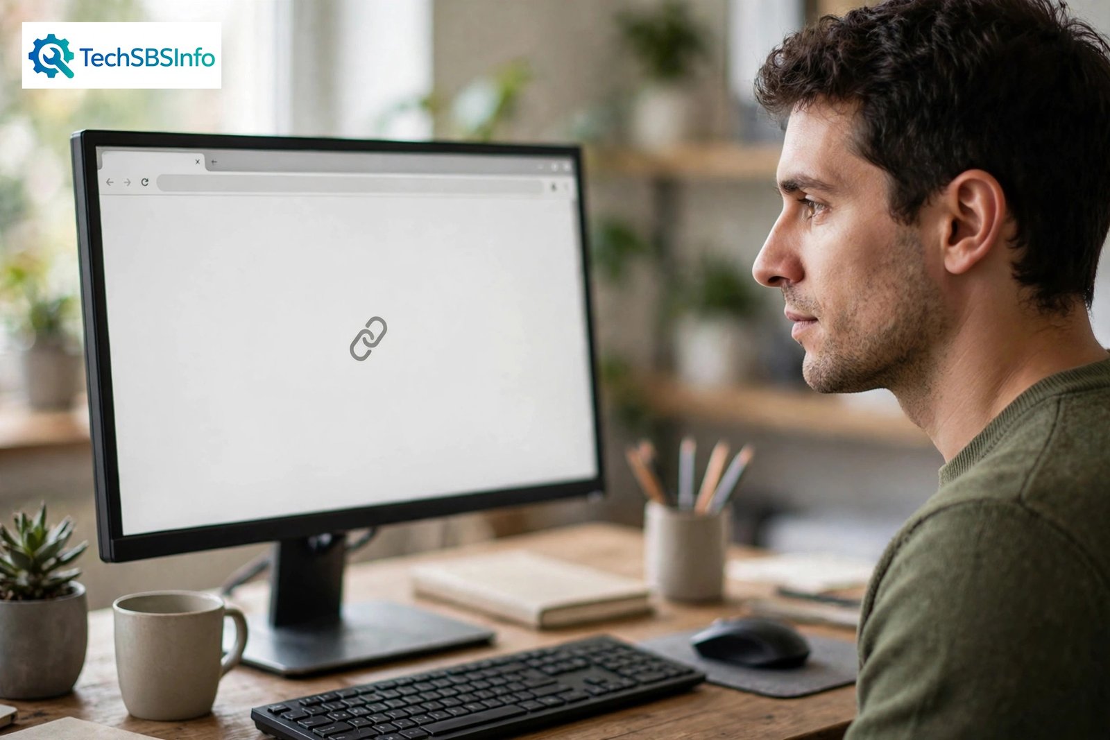 Person at a desk looking at a page not found screen — wordpress 404 error guide, TechSBSInfo logo at top left