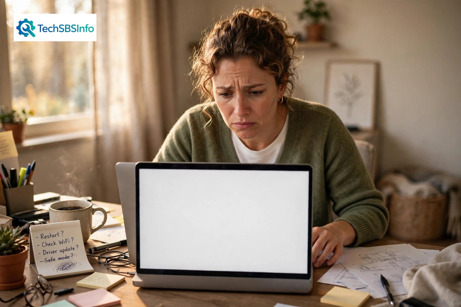 A laptop showing a plain white error screen with no readable text while a person troubleshoots it, illustrating a wordpress critical error, with the TechSBSInfo logo at the top left