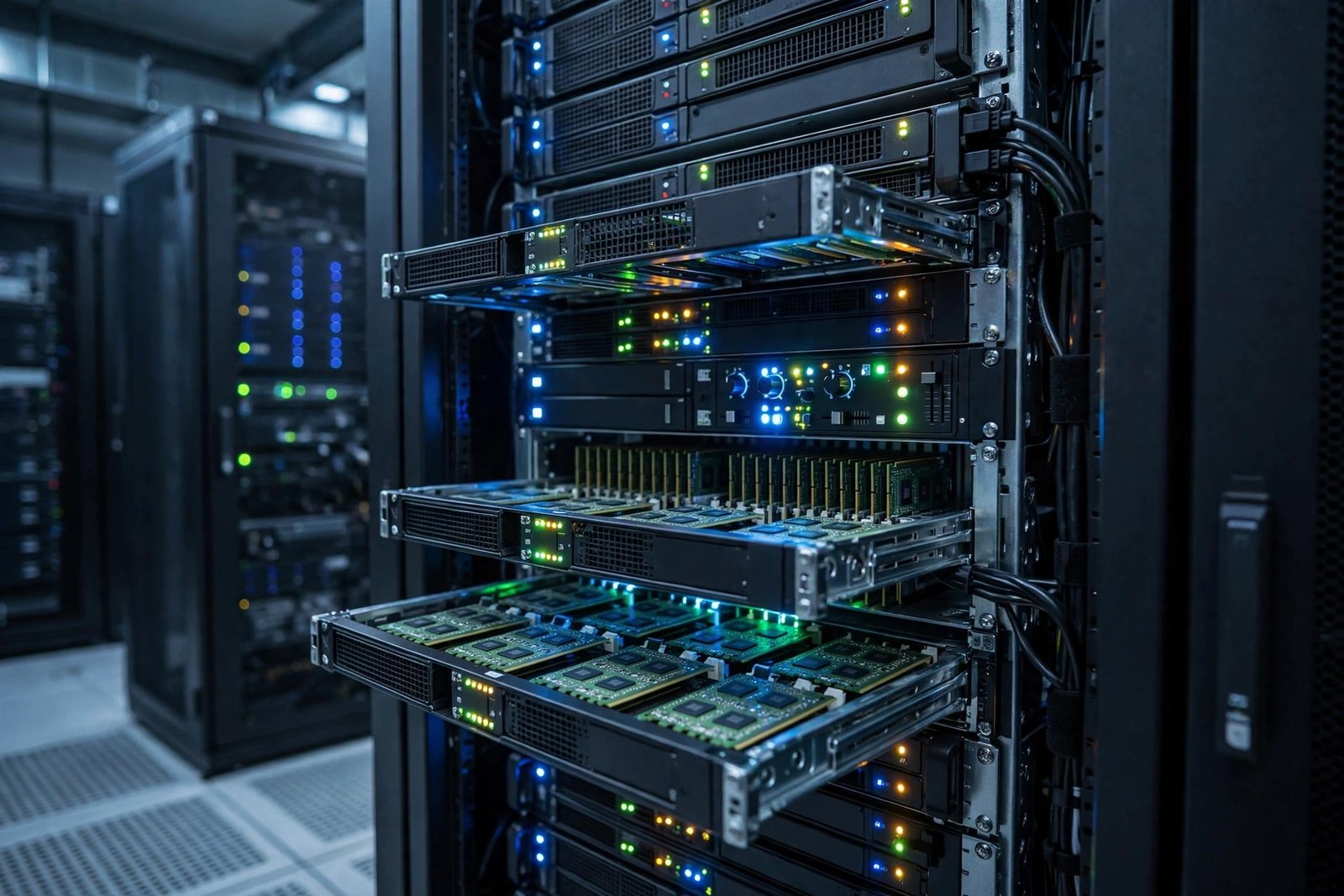A server rack with glowing status lights illustrating server settings, relevant when raising the memory limit for a wordpress critical error