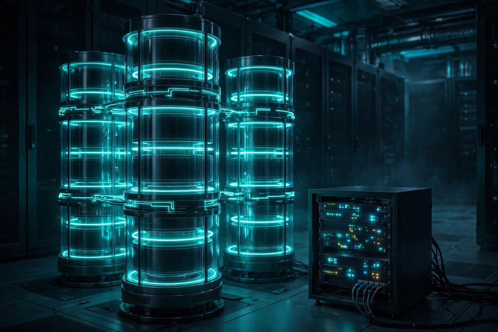 Glowing database cylinders beside a server rack, showing the tables WordPress needs when fixing a wordpress database connection error