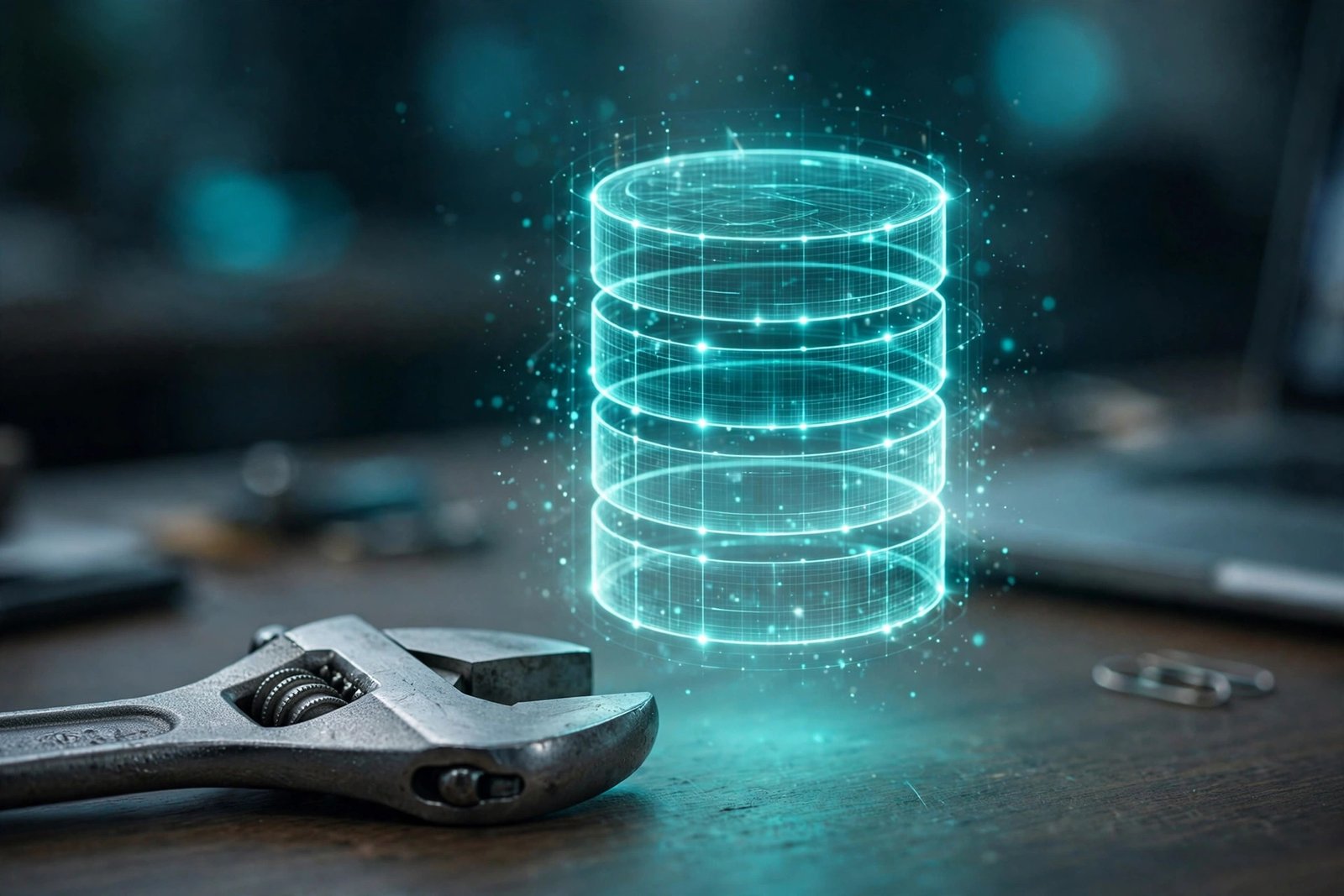 Wrench beside a glowing database symbol representing the repair process for a wordpress database connection error