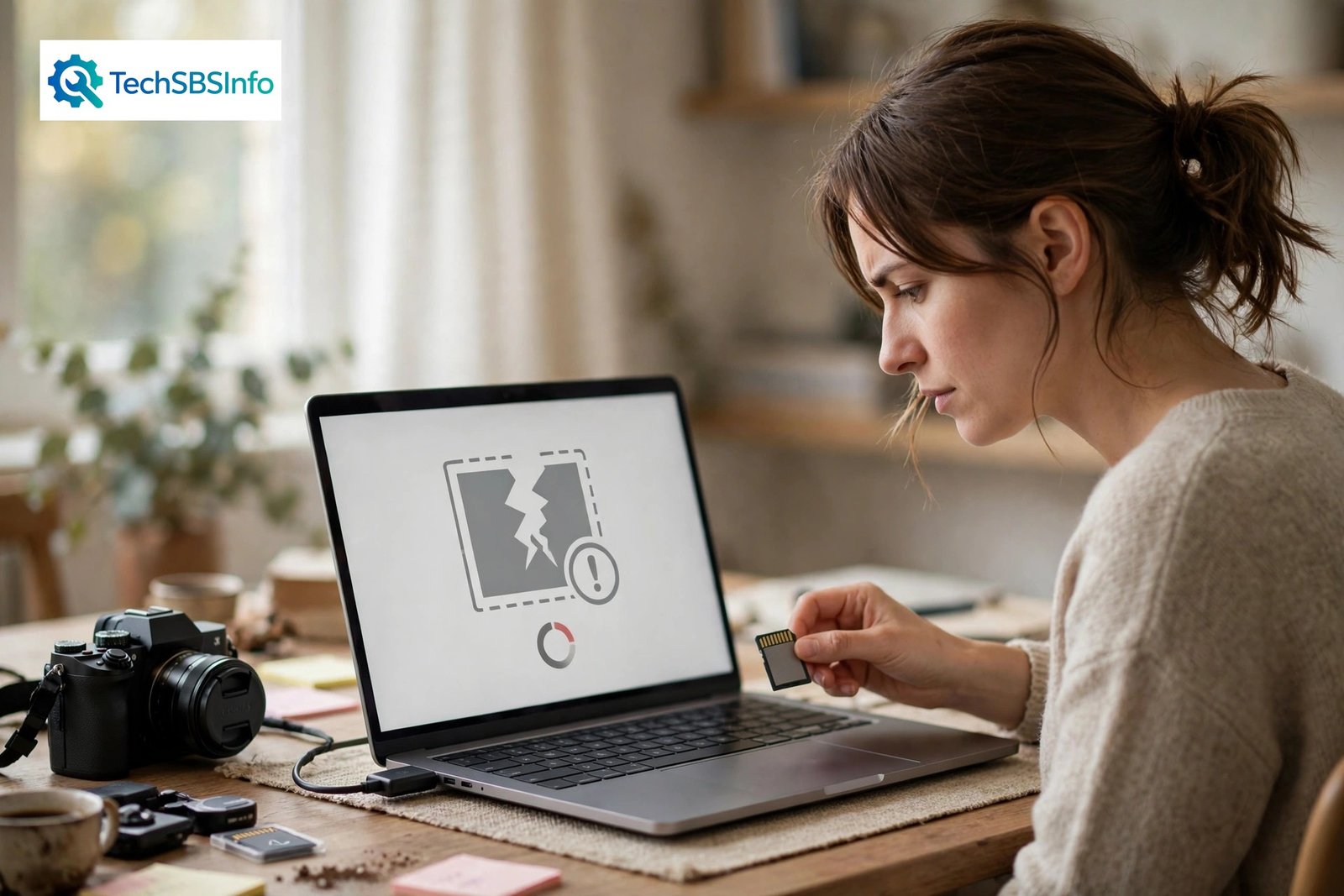 A person trying to upload a photo from a camera into a laptop showing a wordpress image upload failed error concept; TechSBSInfo logo at top left