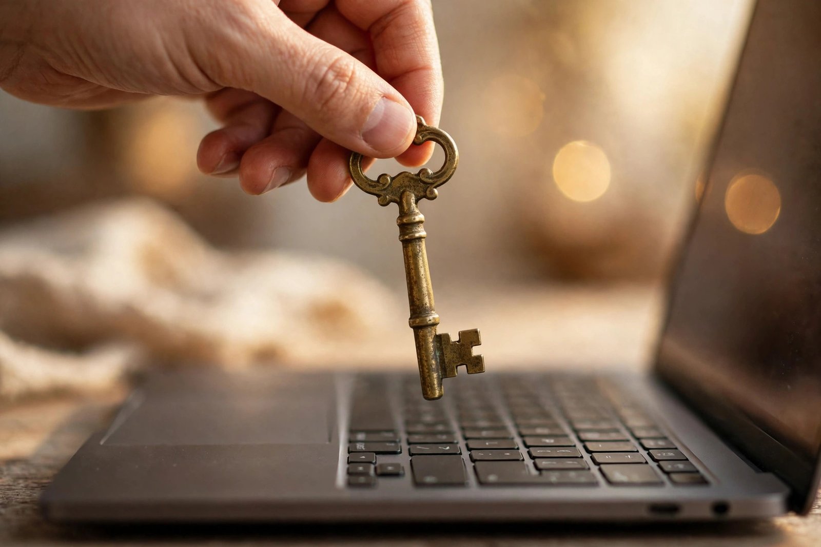 Hand holding a brass key over a laptop keyboard as a password reset symbol for wordpress login page not working