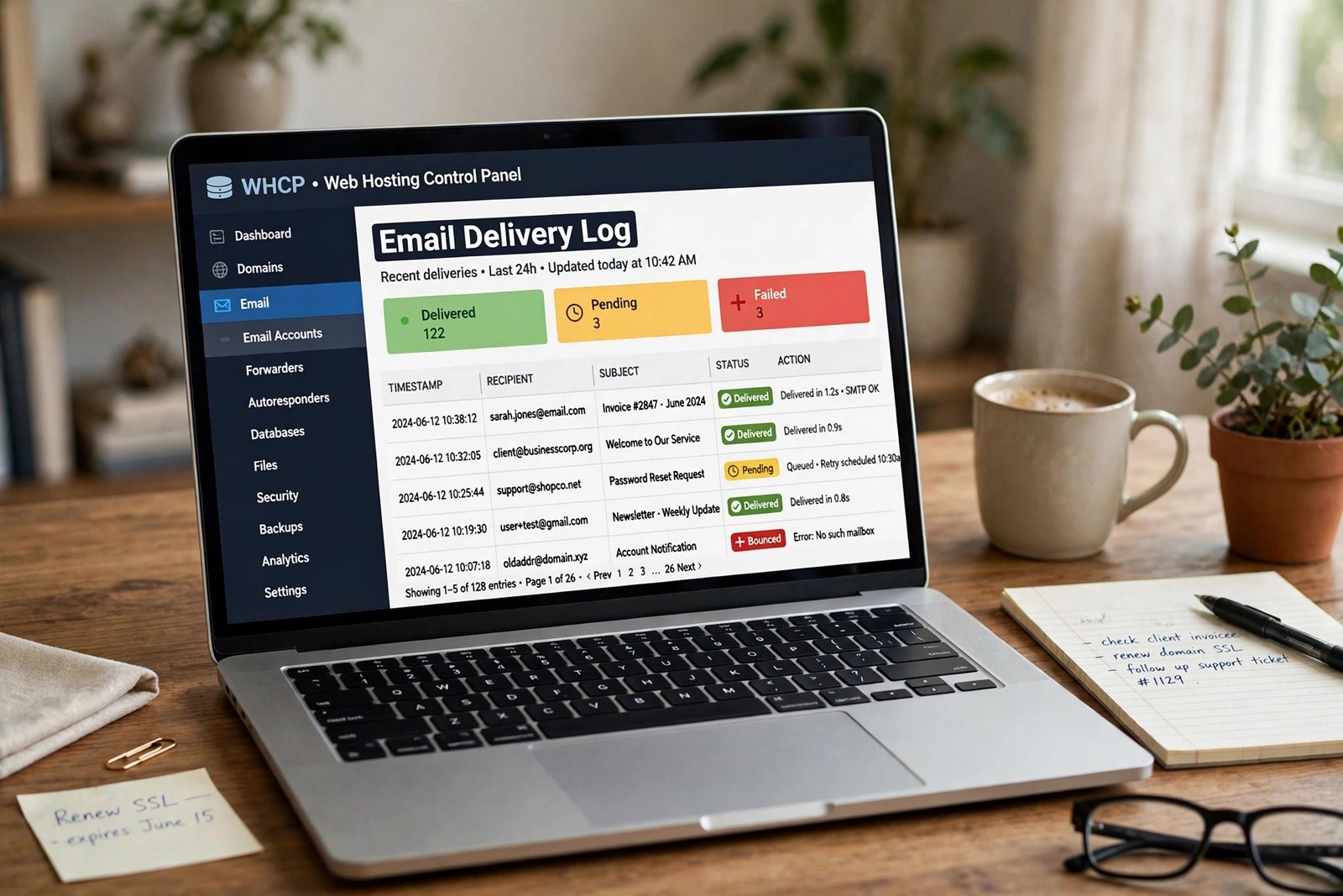 wordpress password reset email not sending — hosting control panel showing an email delivery log