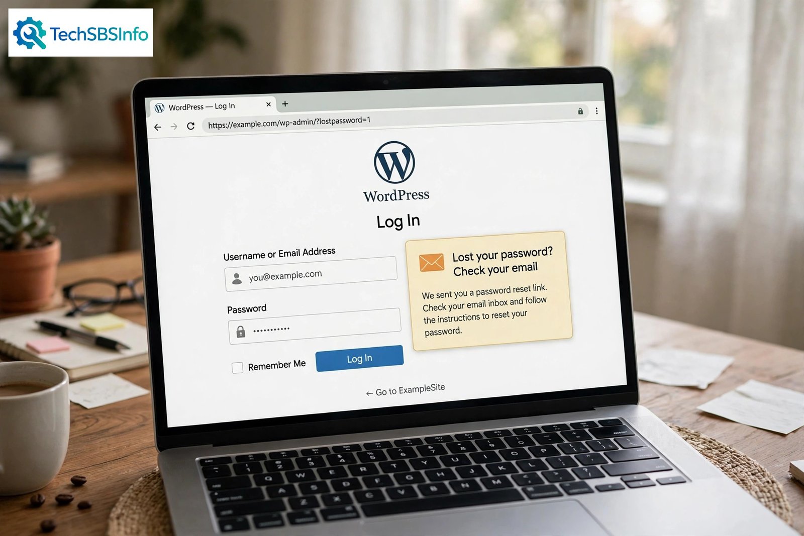 wordpress password reset email not sending — WordPress lost password message shown on a laptop screen