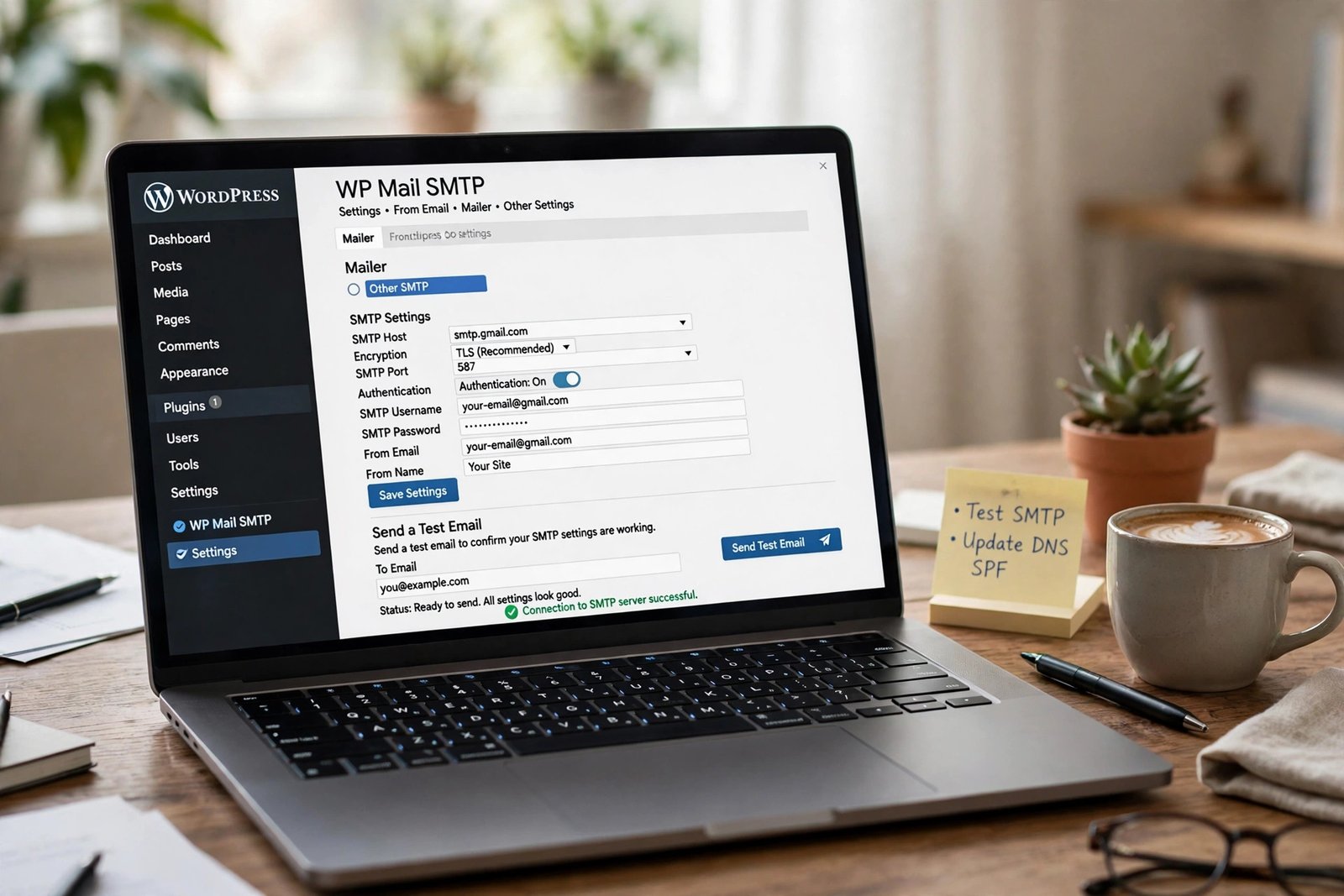 wordpress password reset email not sending — SMTP plugin settings page in the WordPress admin
