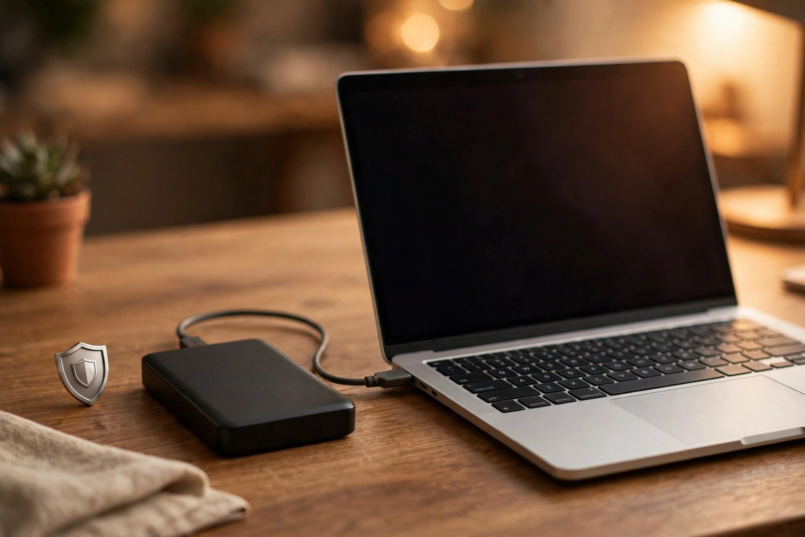 External hard drive beside a laptop as a safe backup before fixing a wordpress plugin conflict