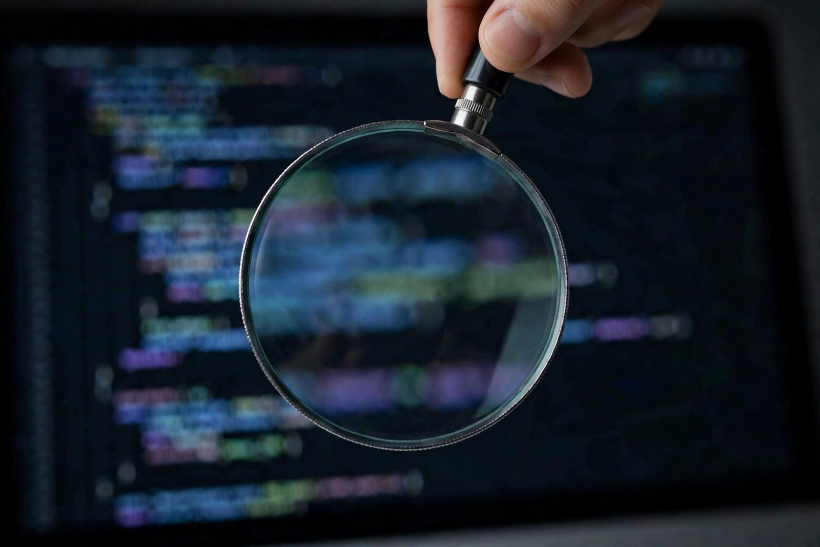 Magnifying glass over lines of code on a screen while reading the debug log to find a wordpress plugin conflict