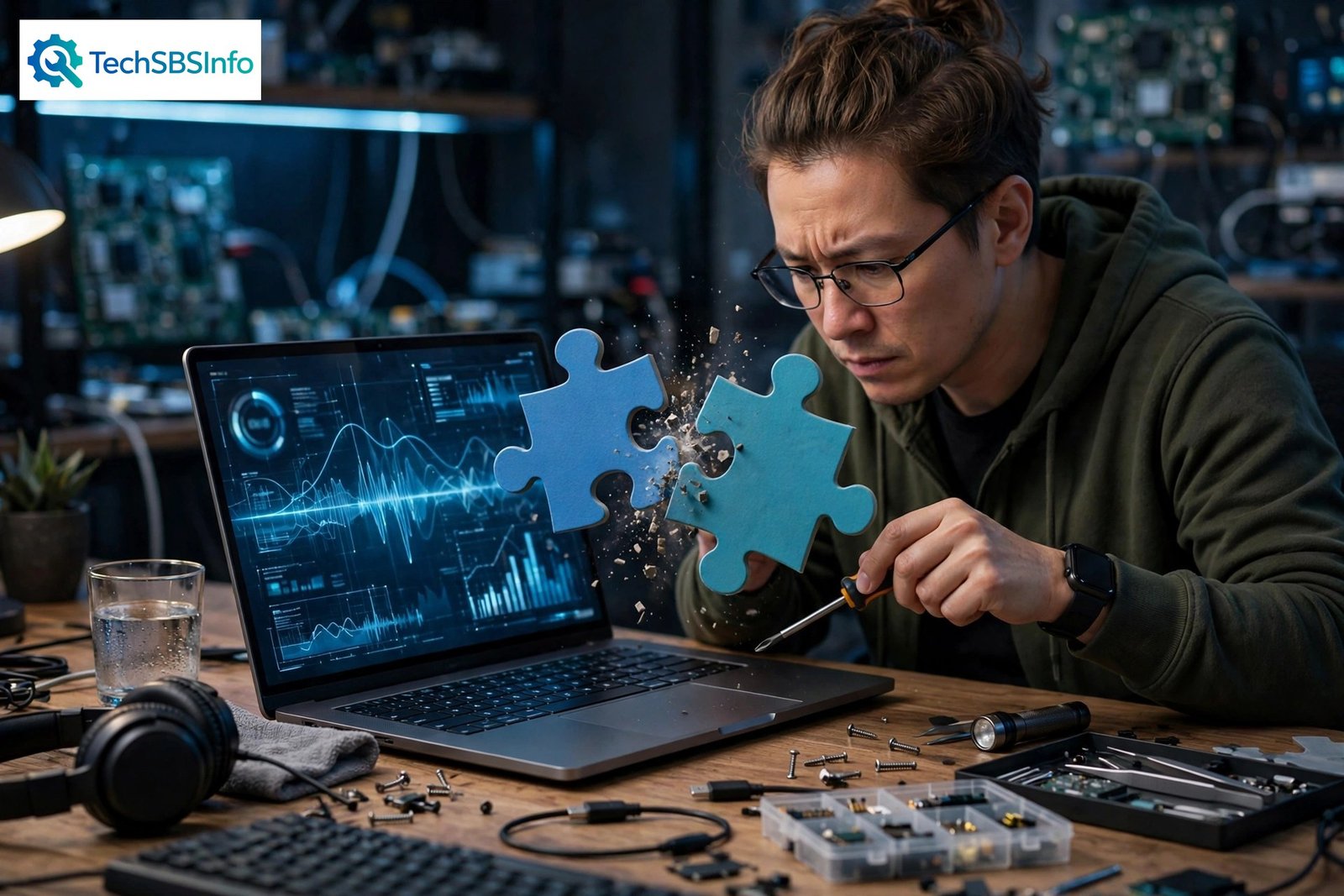 Person troubleshooting a laptop while two puzzle pieces clash, with the TechSBSInfo logo at top left, showing a wordpress plugin conflict
