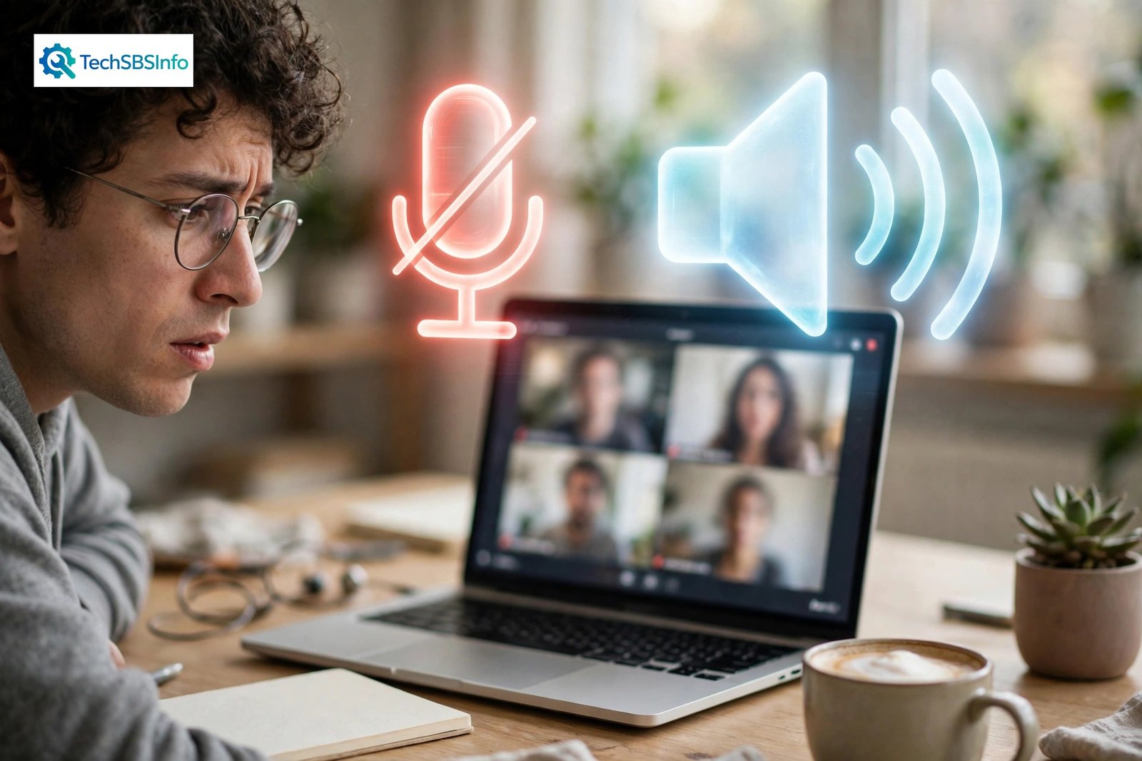 A person on a video call with a muted microphone icon, showing how to fix zoom audio not working on pc