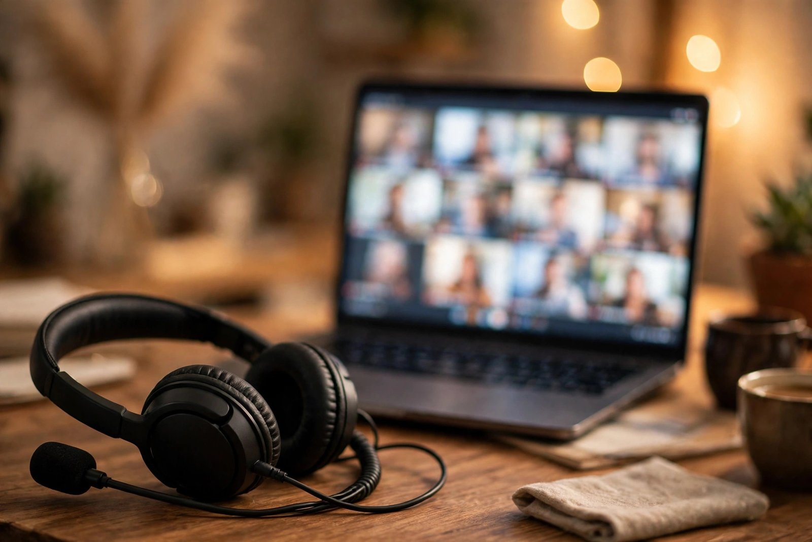 A headset with boom microphone on a desk next to a laptop, reconnecting audio hardware to fix zoom audio not working on pc