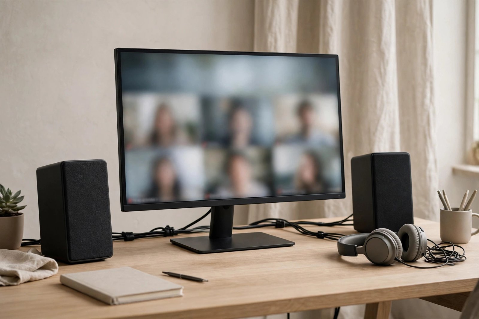 Desk speakers and headphones beside a monitor, adjusting advanced audio settings to fix zoom audio not working on pc echo and dropouts